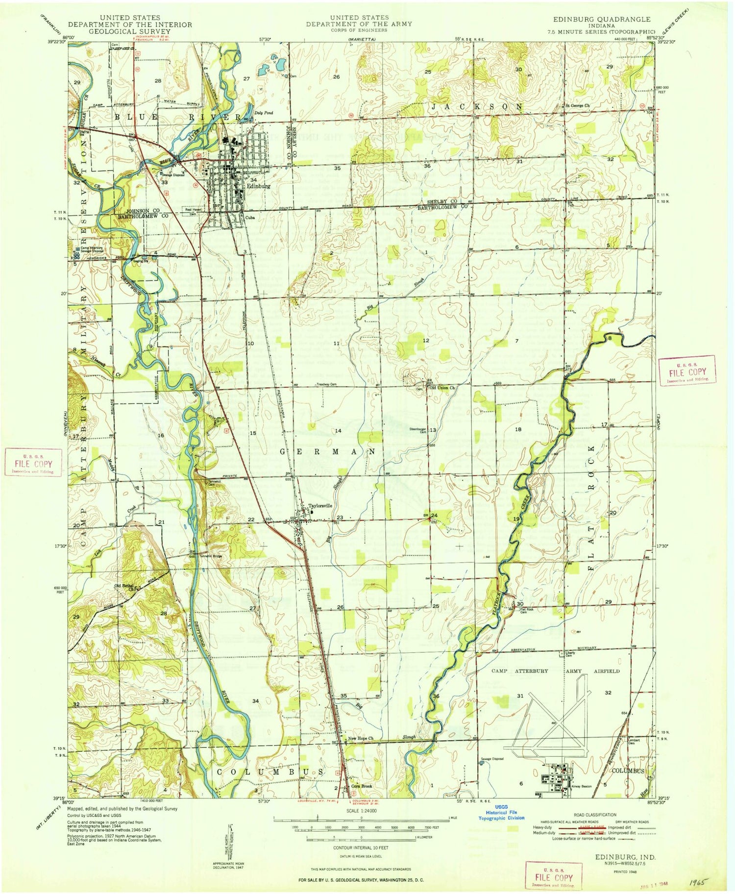 Classic USGS Edinburgh Indiana 7.5'x7.5' Topo Map Image