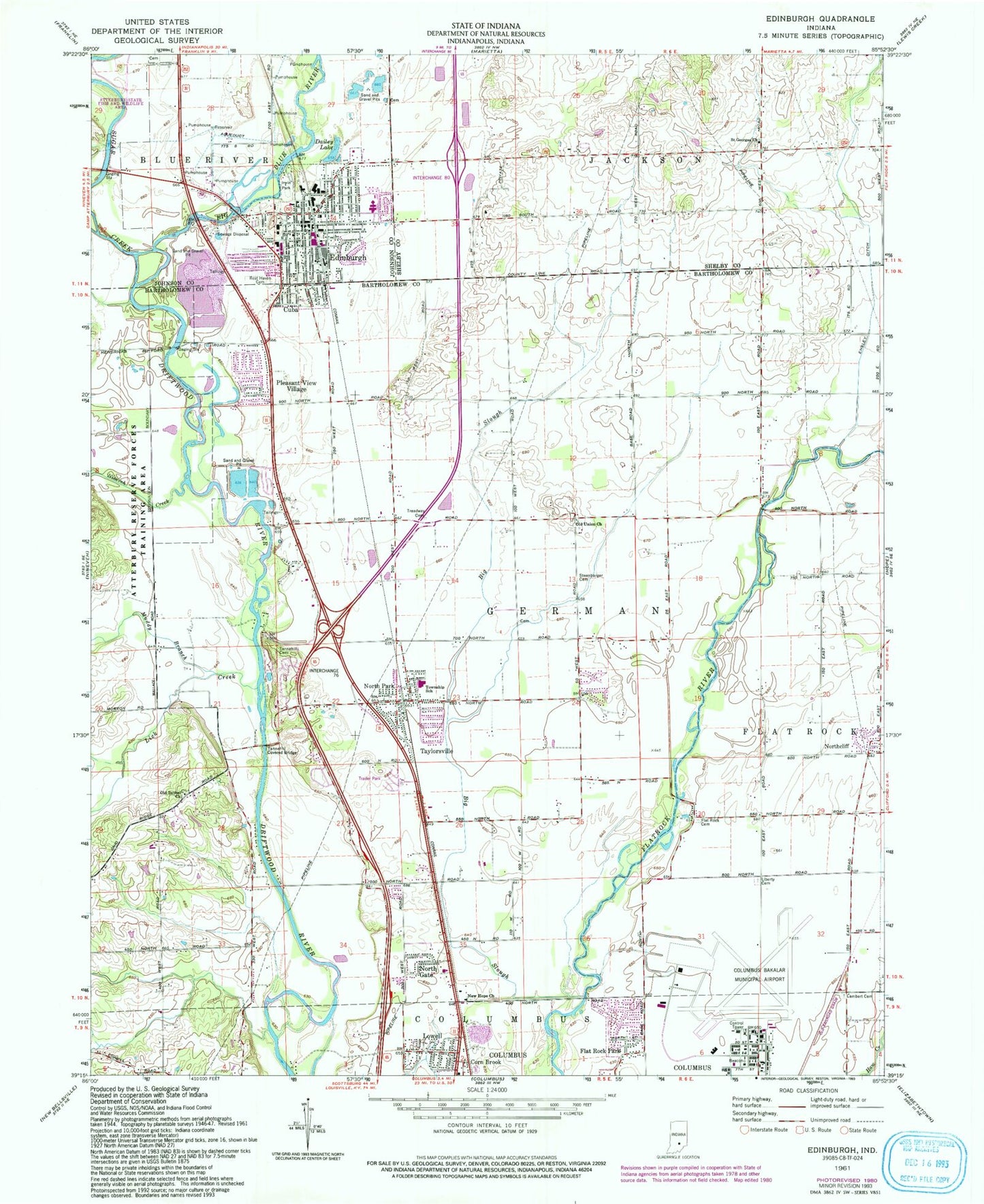 Classic USGS Edinburgh Indiana 7.5'x7.5' Topo Map Image