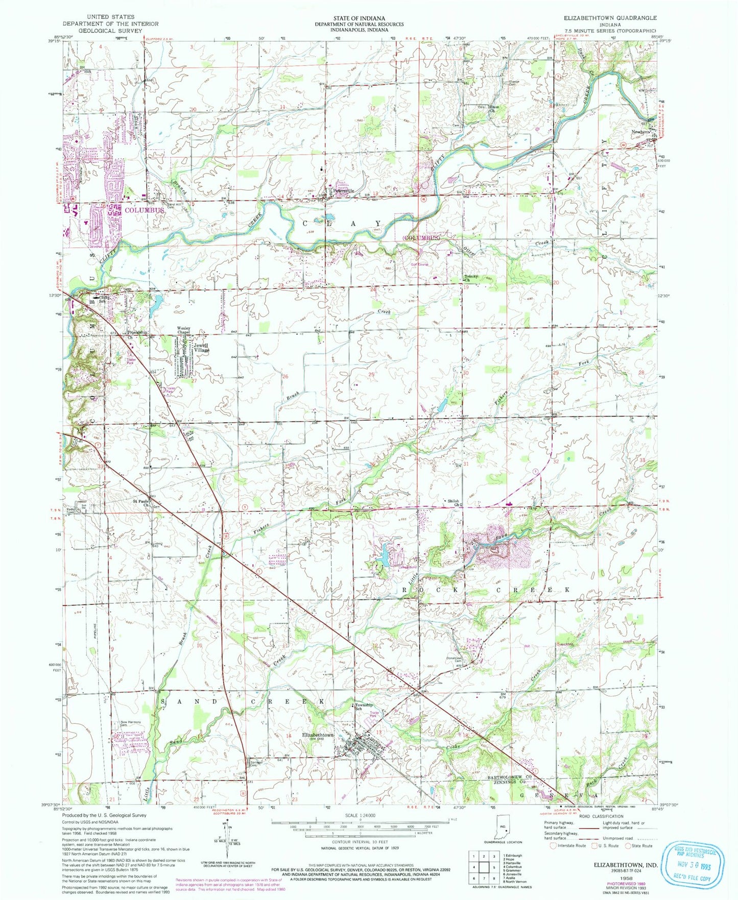 Classic USGS Elizabethtown Indiana 7.5'x7.5' Topo Map Image