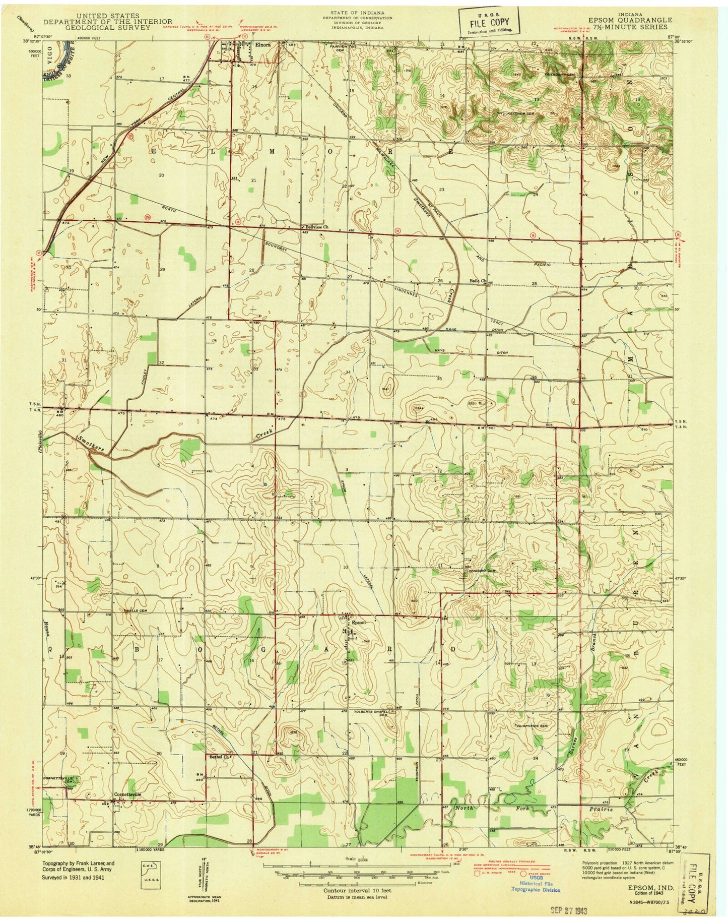 Classic USGS Epsom Indiana 7.5'x7.5' Topo Map Image