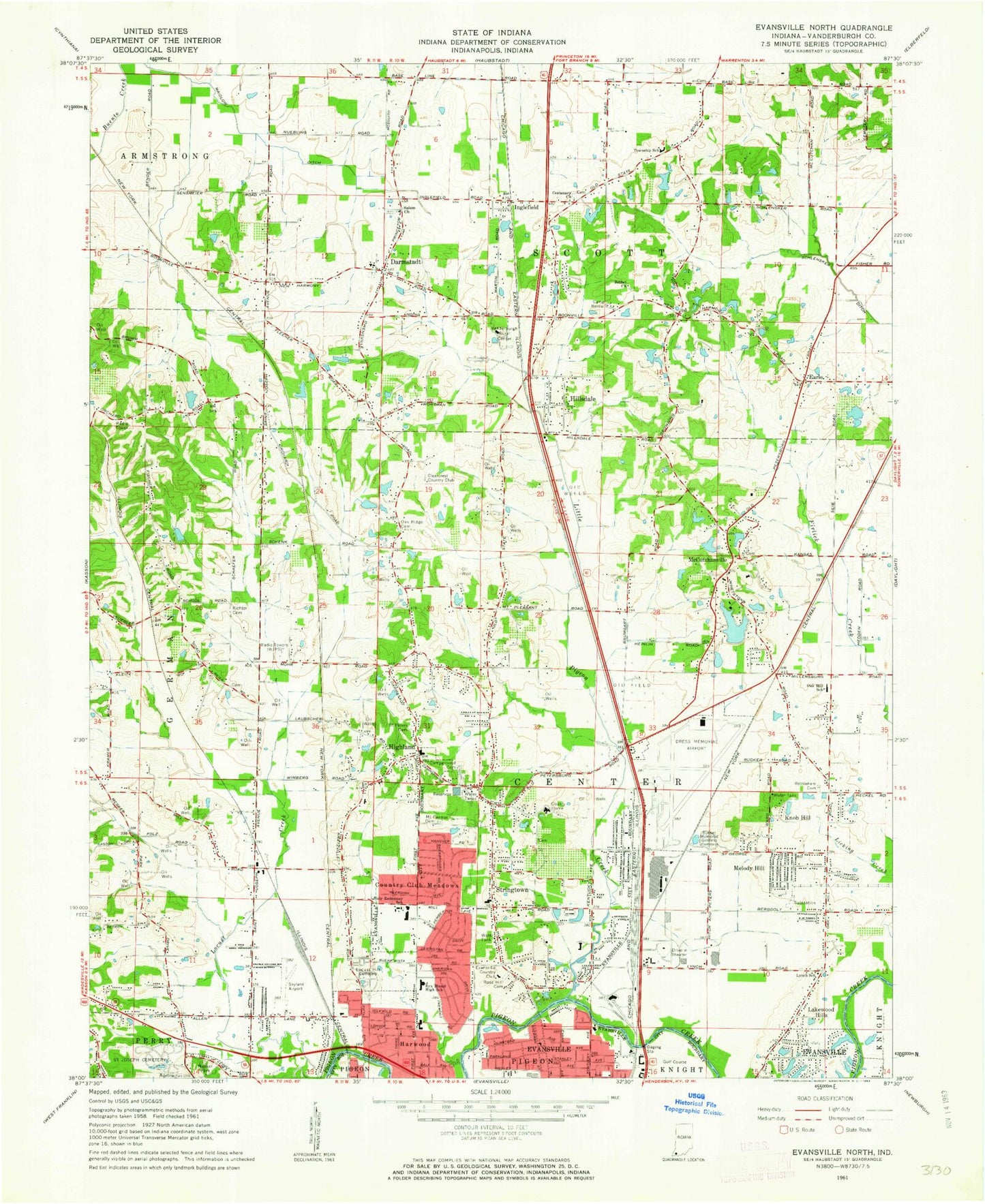 Classic USGS Evansville North Indiana 7.5'x7.5' Topo Map Image