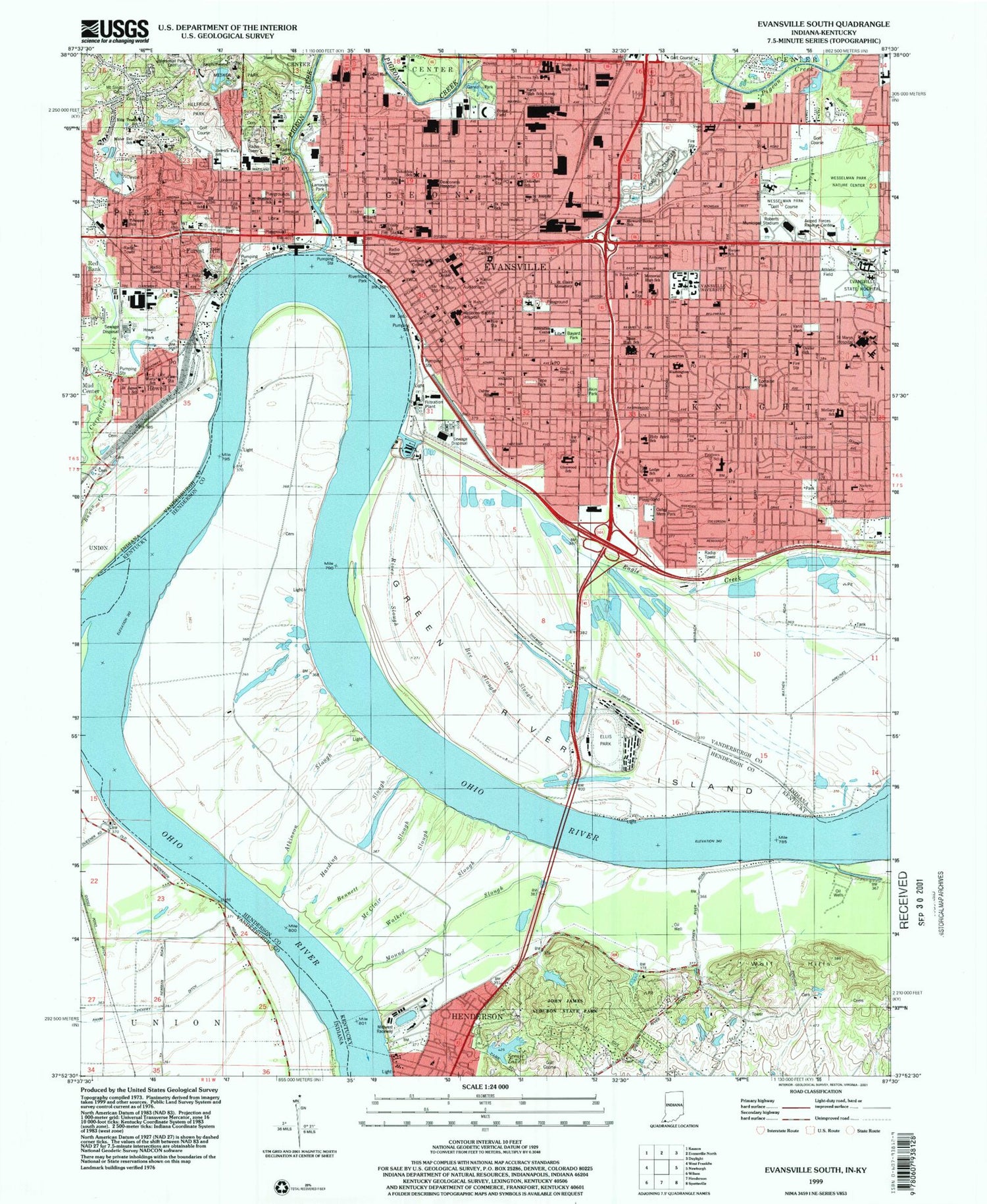 Classic USGS Evansville South Indiana 7.5'x7.5' Topo Map Image