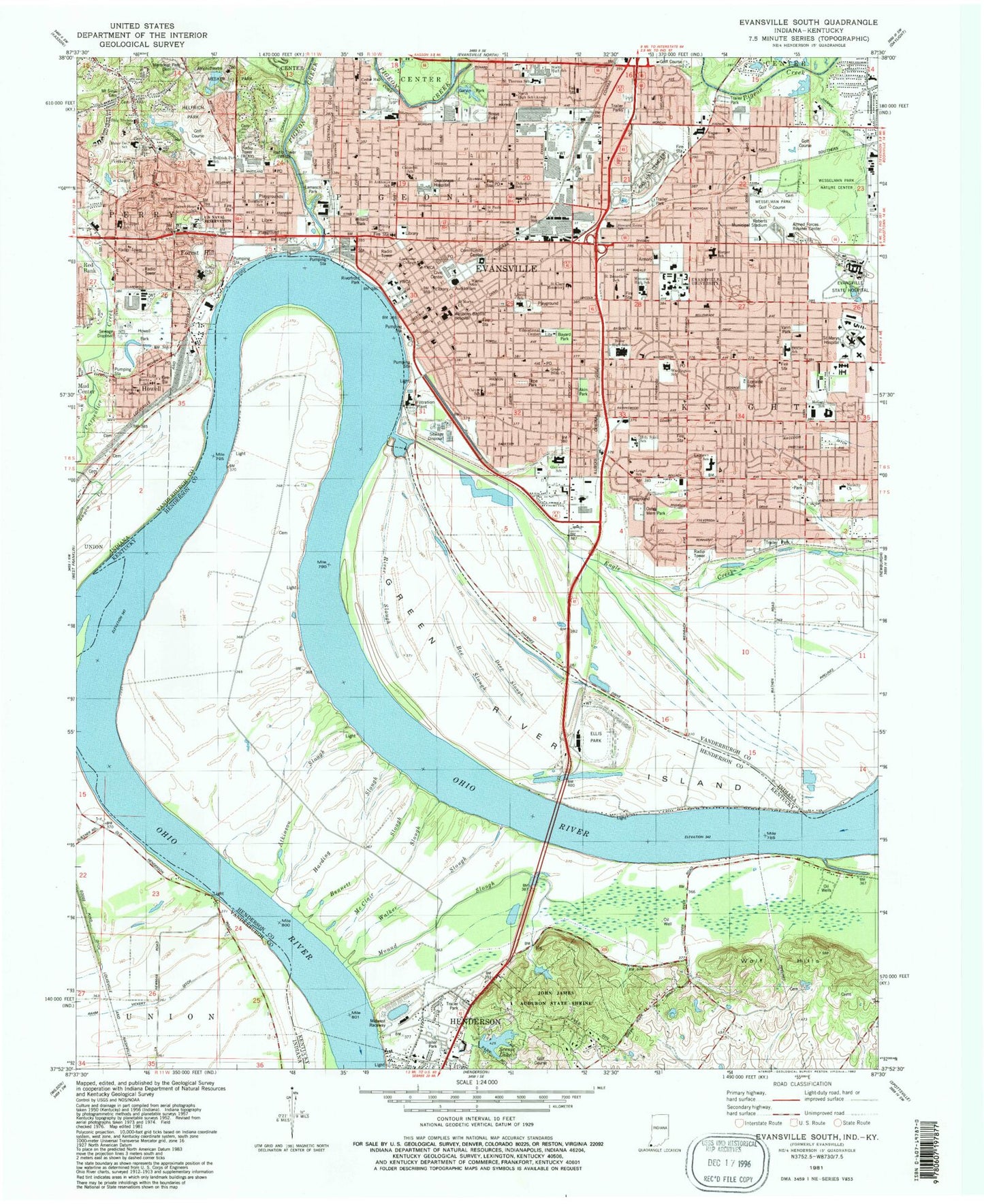 Classic USGS Evansville South Indiana 7.5'x7.5' Topo Map Image