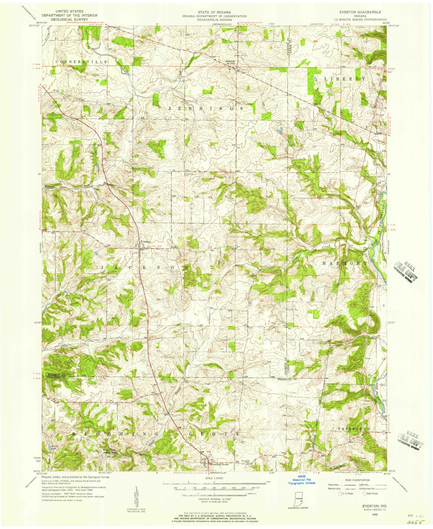 Classic USGS Everton Indiana 7.5'x7.5' Topo Map Image