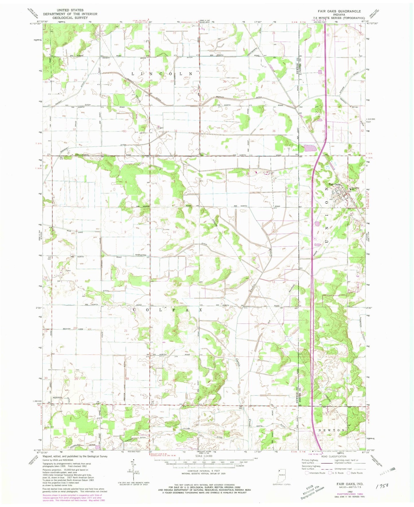 Classic USGS Fair Oaks Indiana 7.5'x7.5' Topo Map Image
