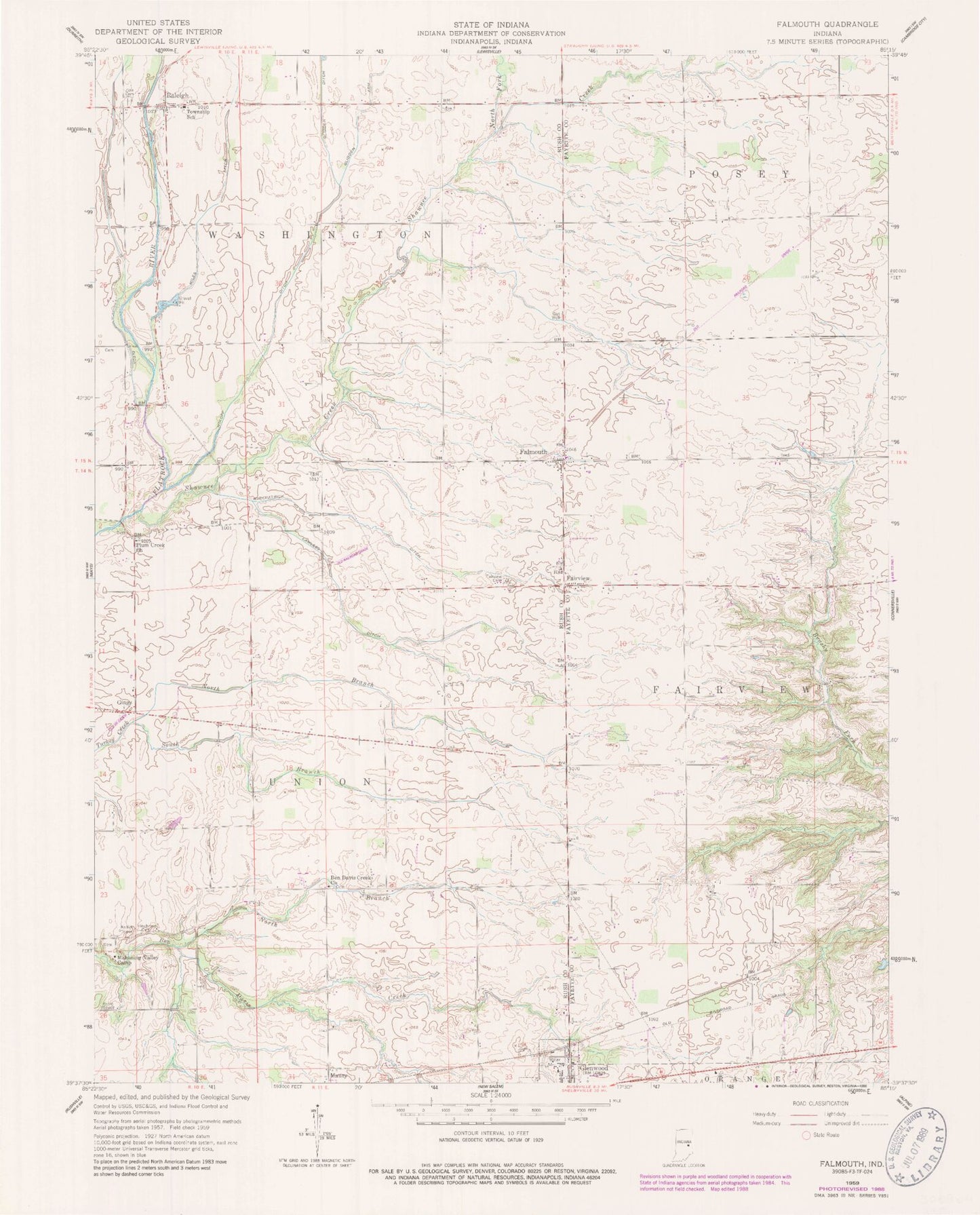 Classic USGS Falmouth Indiana 7.5'x7.5' Topo Map Image