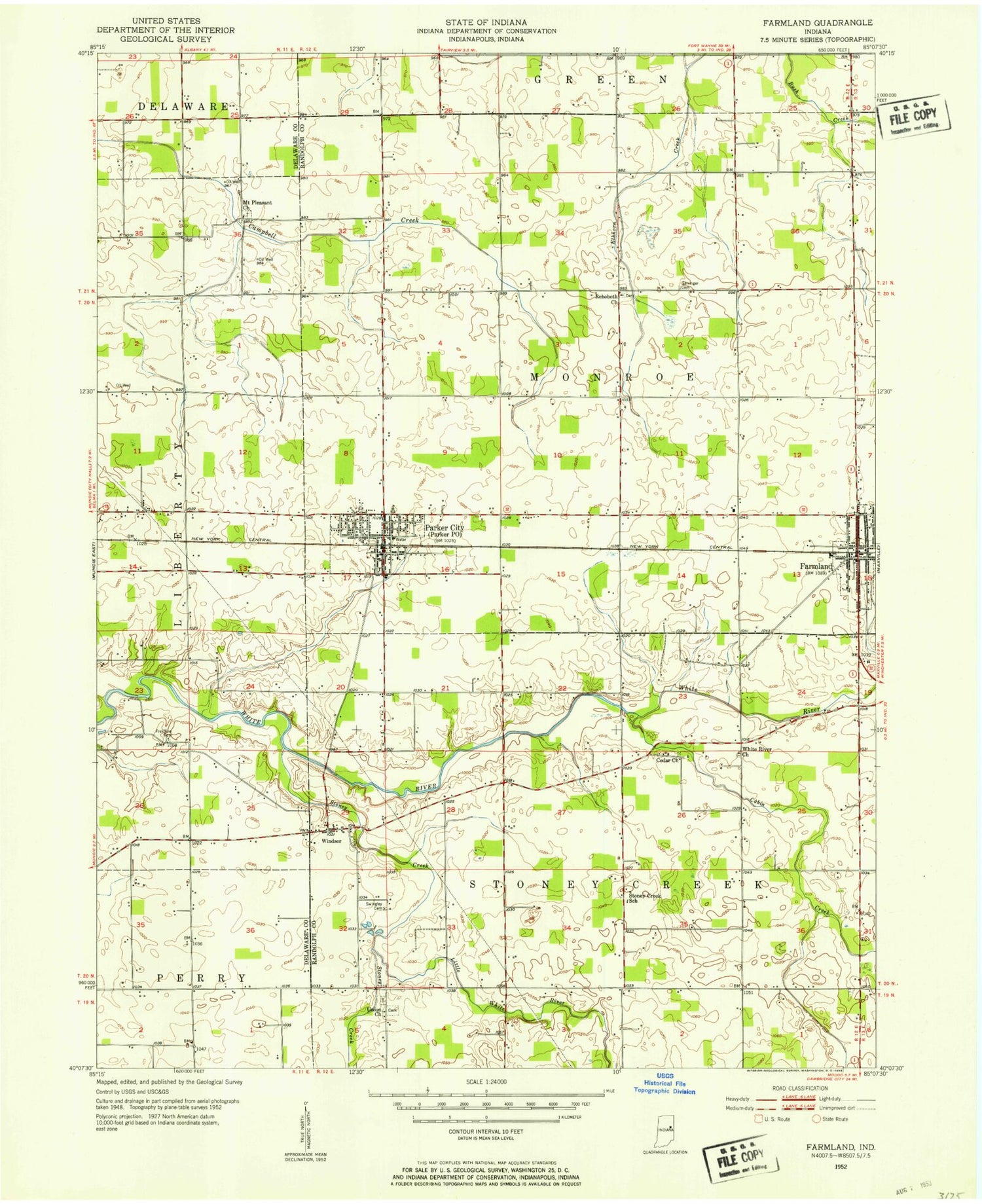 Classic USGS Farmland Indiana 7.5'x7.5' Topo Map Image