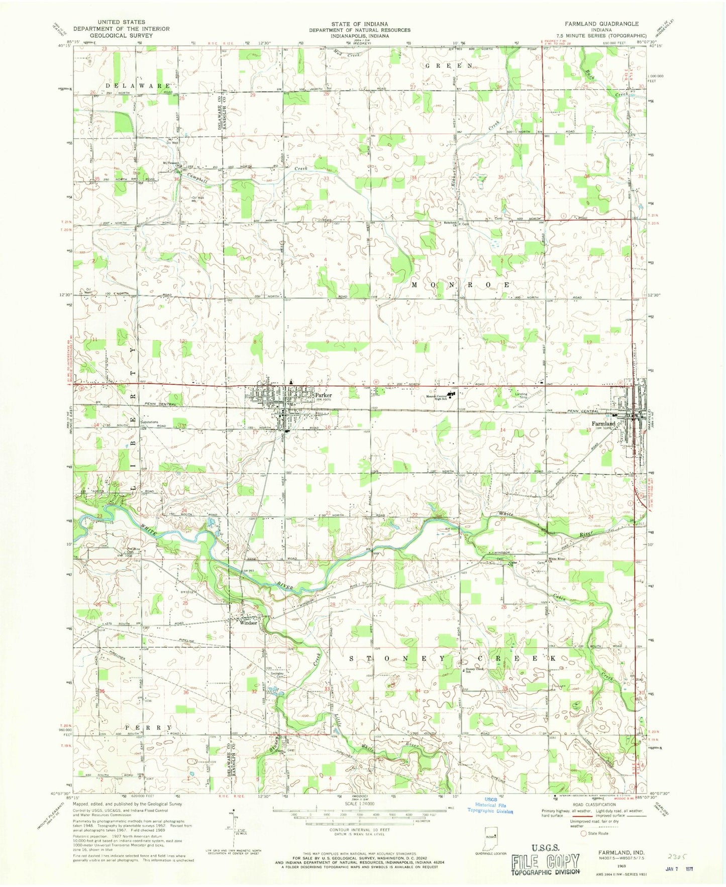 Classic USGS Farmland Indiana 7.5'x7.5' Topo Map Image