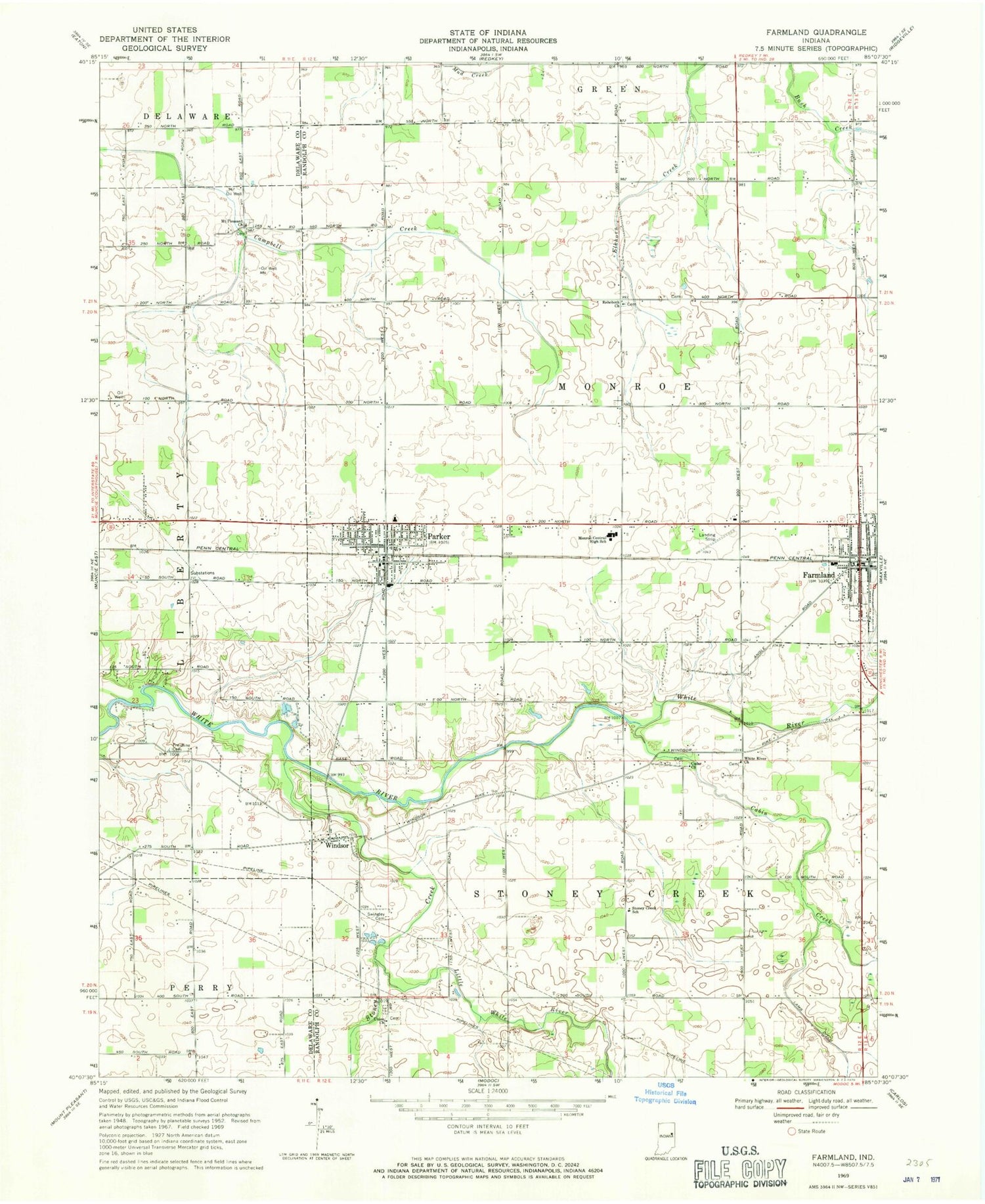Classic USGS Farmland Indiana 7.5'x7.5' Topo Map Image