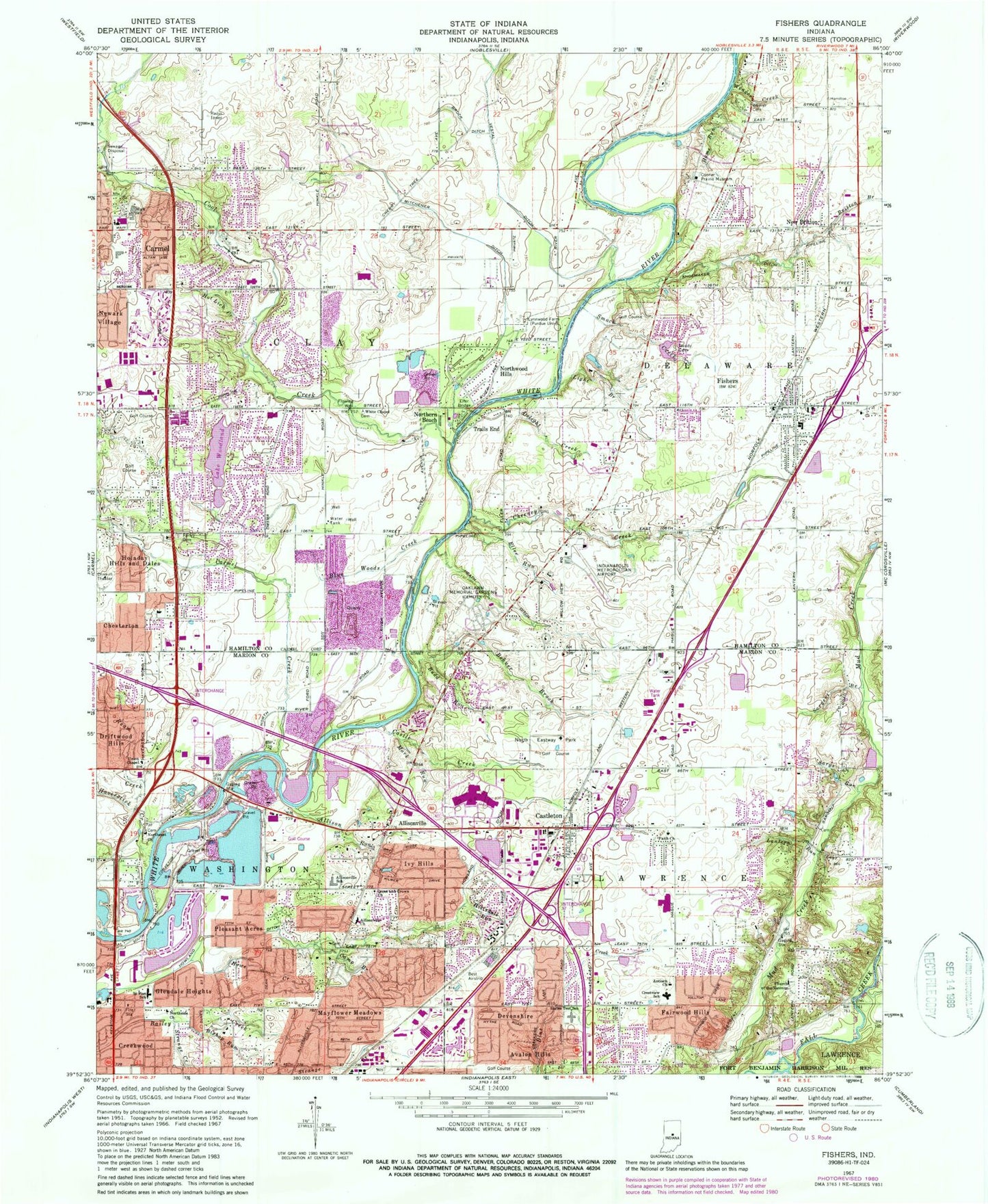 Classic USGS Fishers Indiana 7.5'x7.5' Topo Map Image