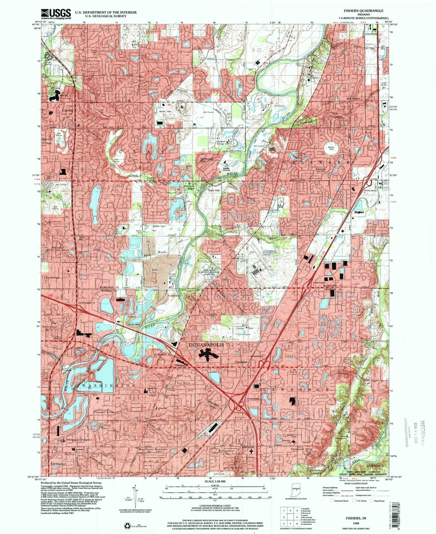 Classic USGS Fishers Indiana 7.5'x7.5' Topo Map Image