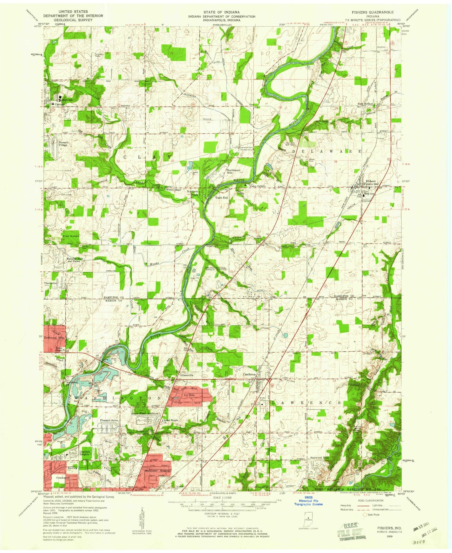 Classic USGS Fishers Indiana 7.5'x7.5' Topo Map Image