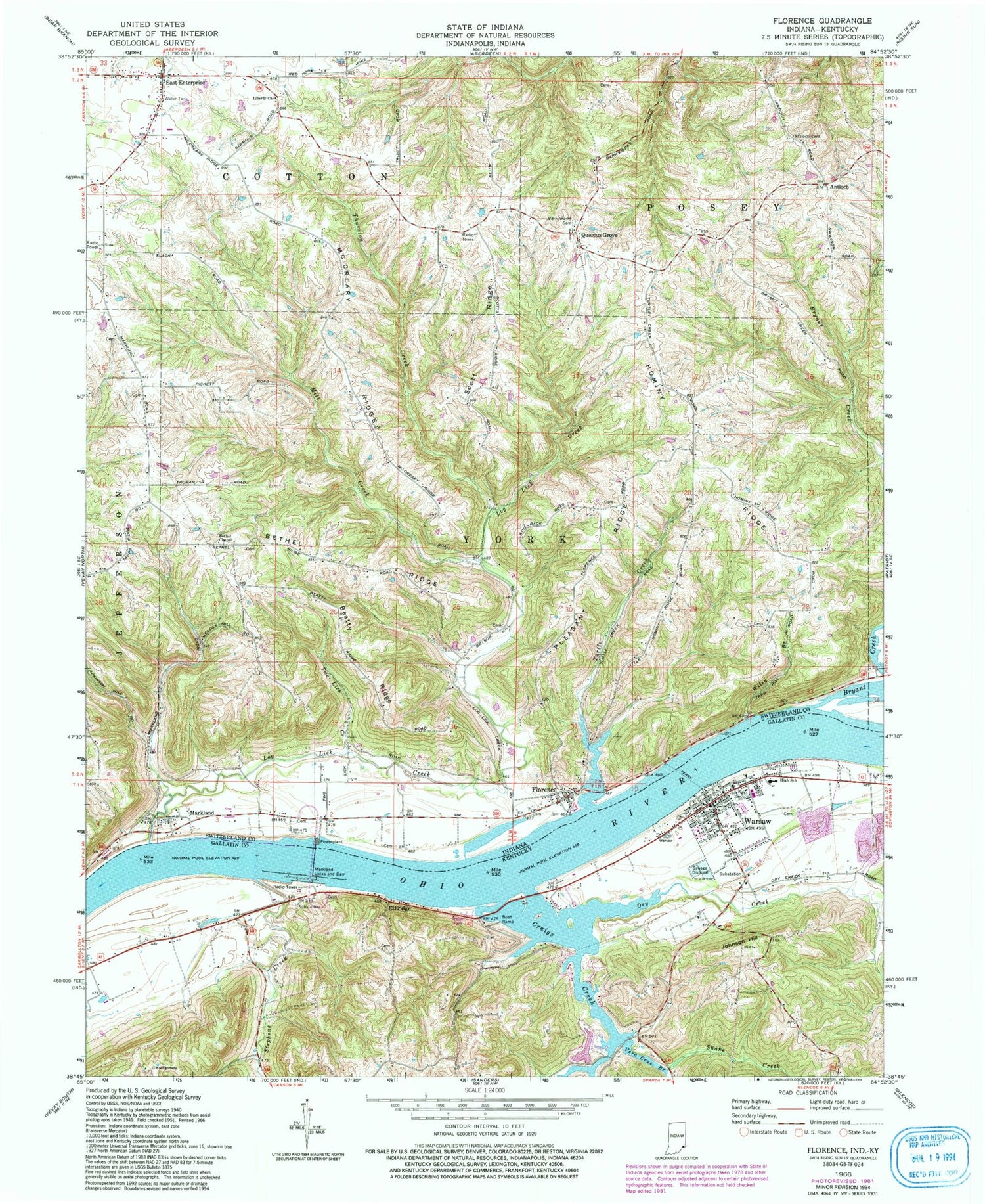 Classic USGS Florence Indiana 7.5'x7.5' Topo Map Image