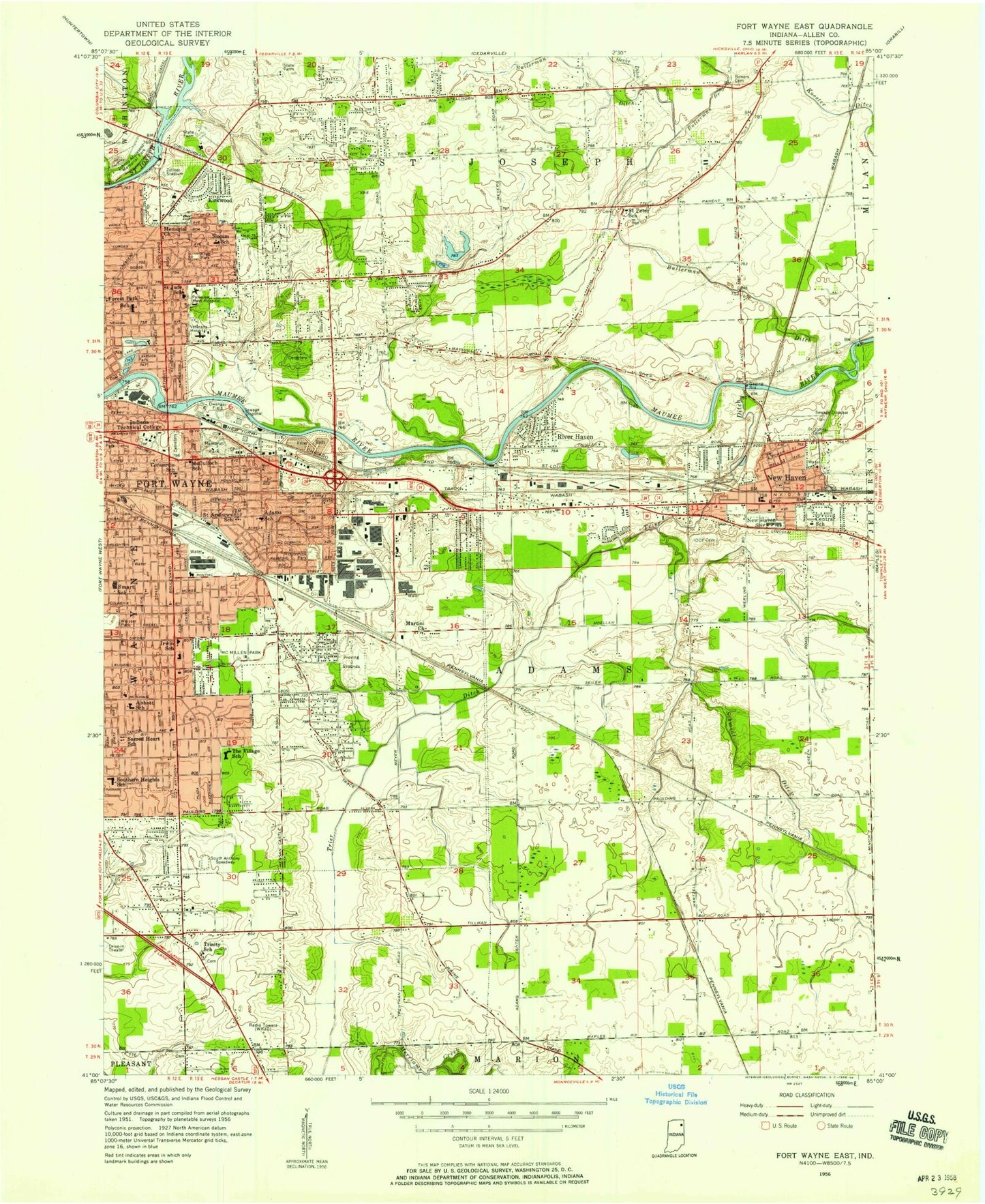 Classic USGS Fort Wayne East Indiana 7.5'x7.5' Topo Map Image