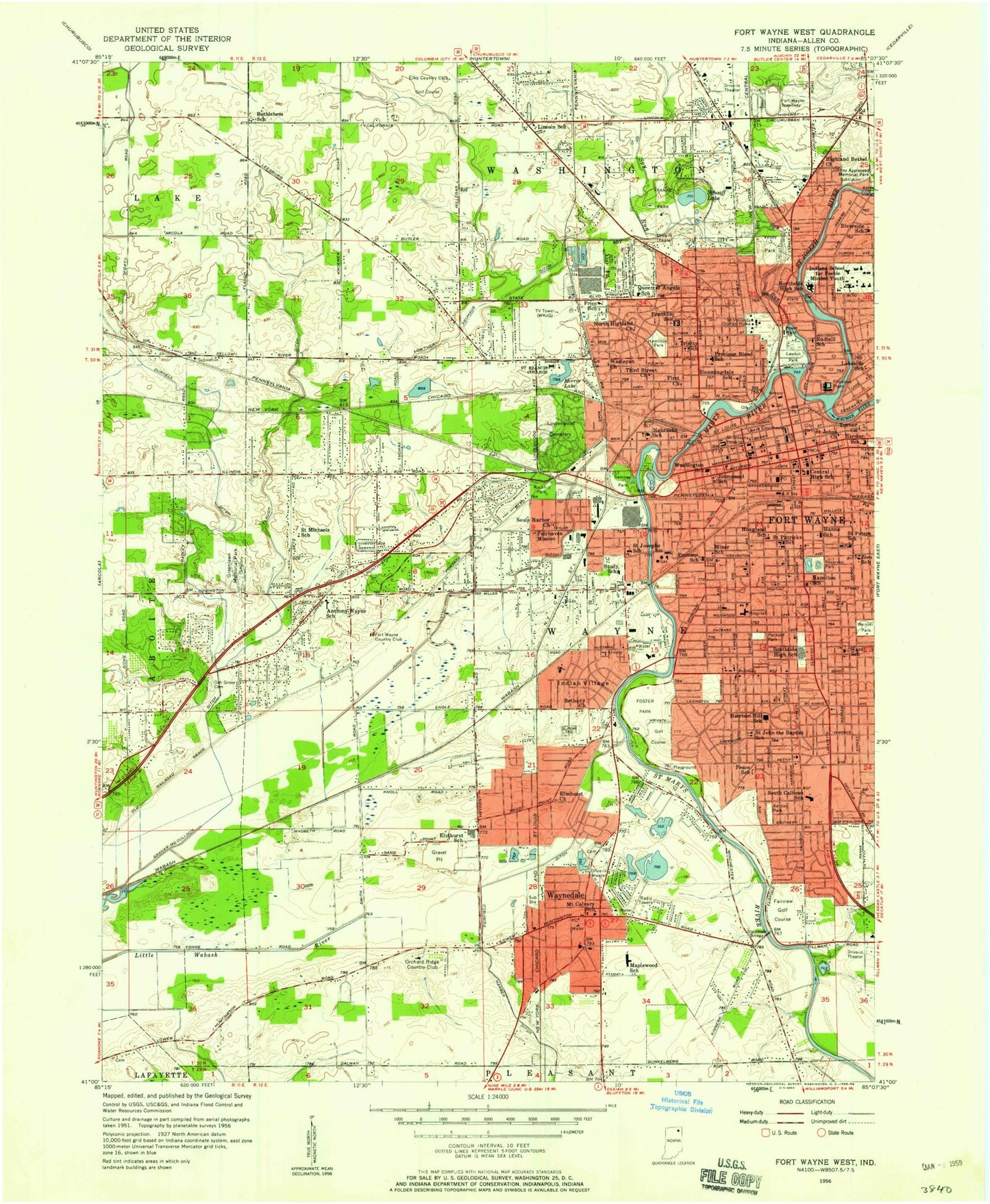 Classic USGS Fort Wayne West Indiana 7.5'x7.5' Topo Map Image