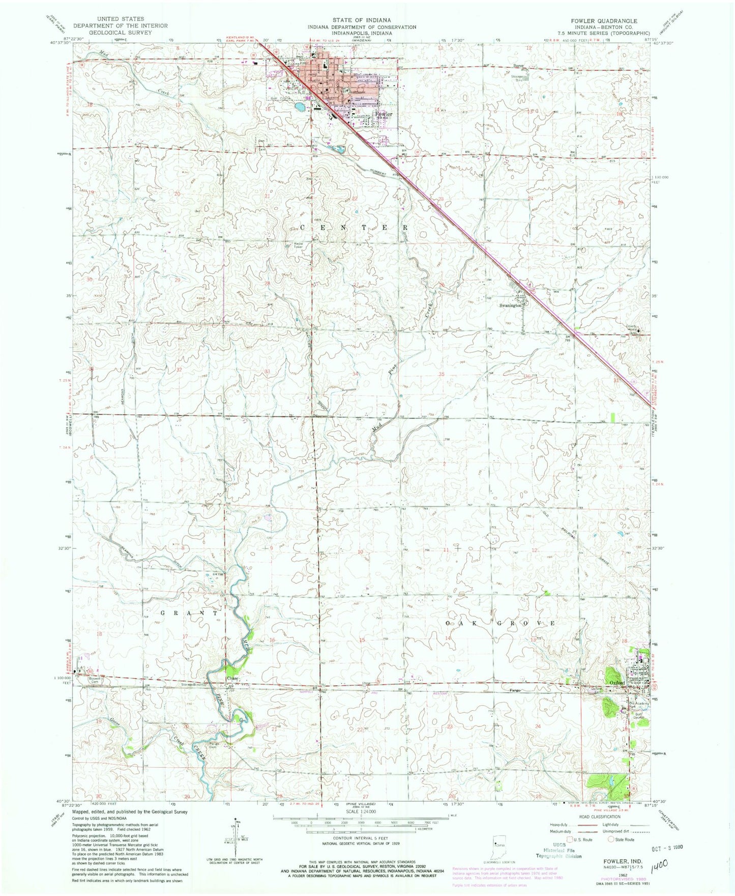 Classic USGS Fowler Indiana 7.5'x7.5' Topo Map Image