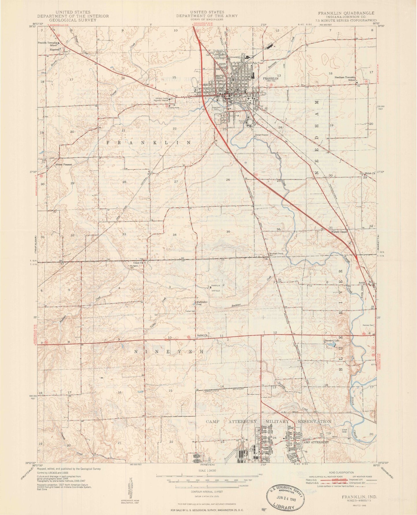 Classic USGS Franklin Indiana 7.5'x7.5' Topo Map Image