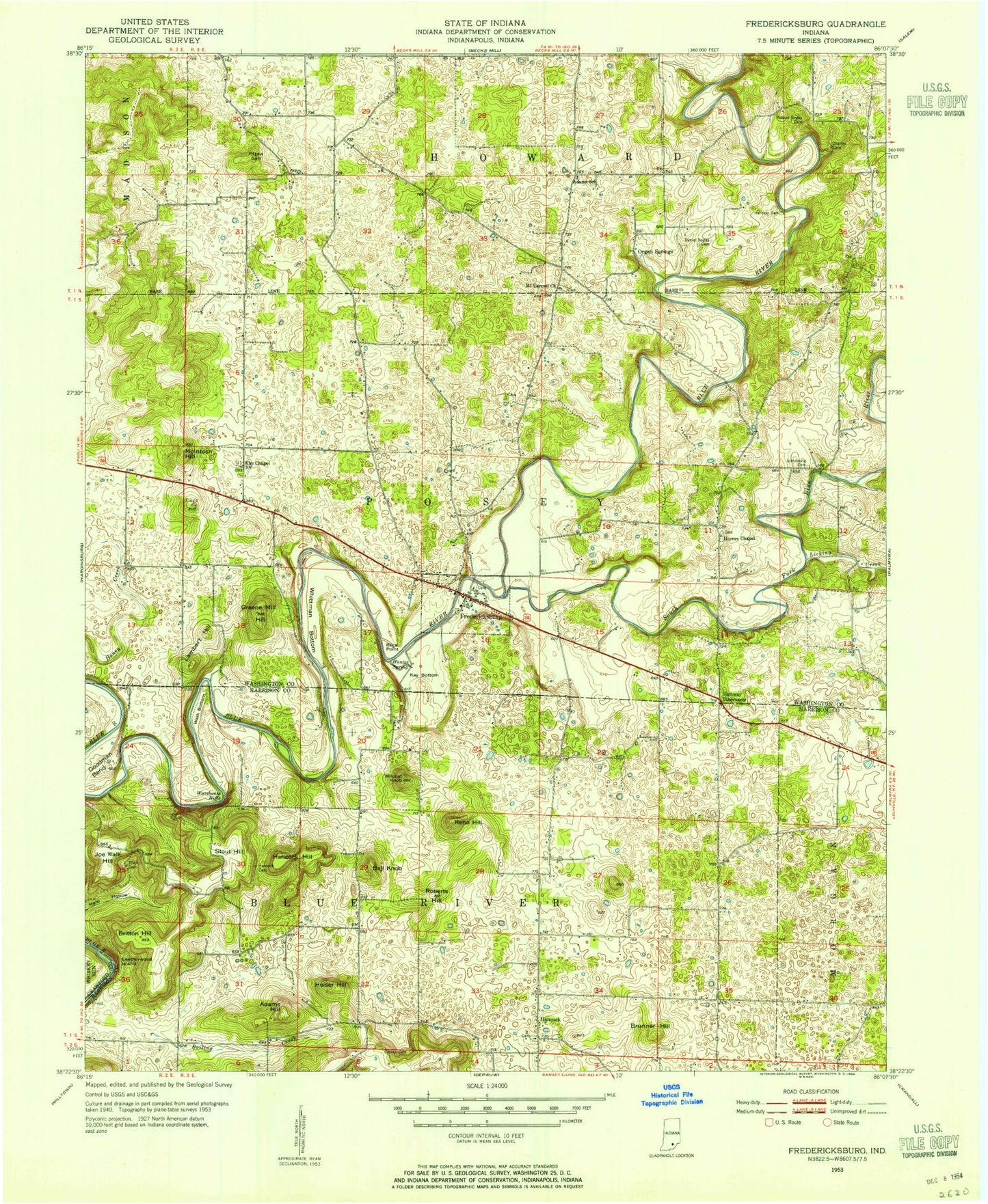 Classic USGS Fredericksburg Indiana 7.5'x7.5' Topo Map Image