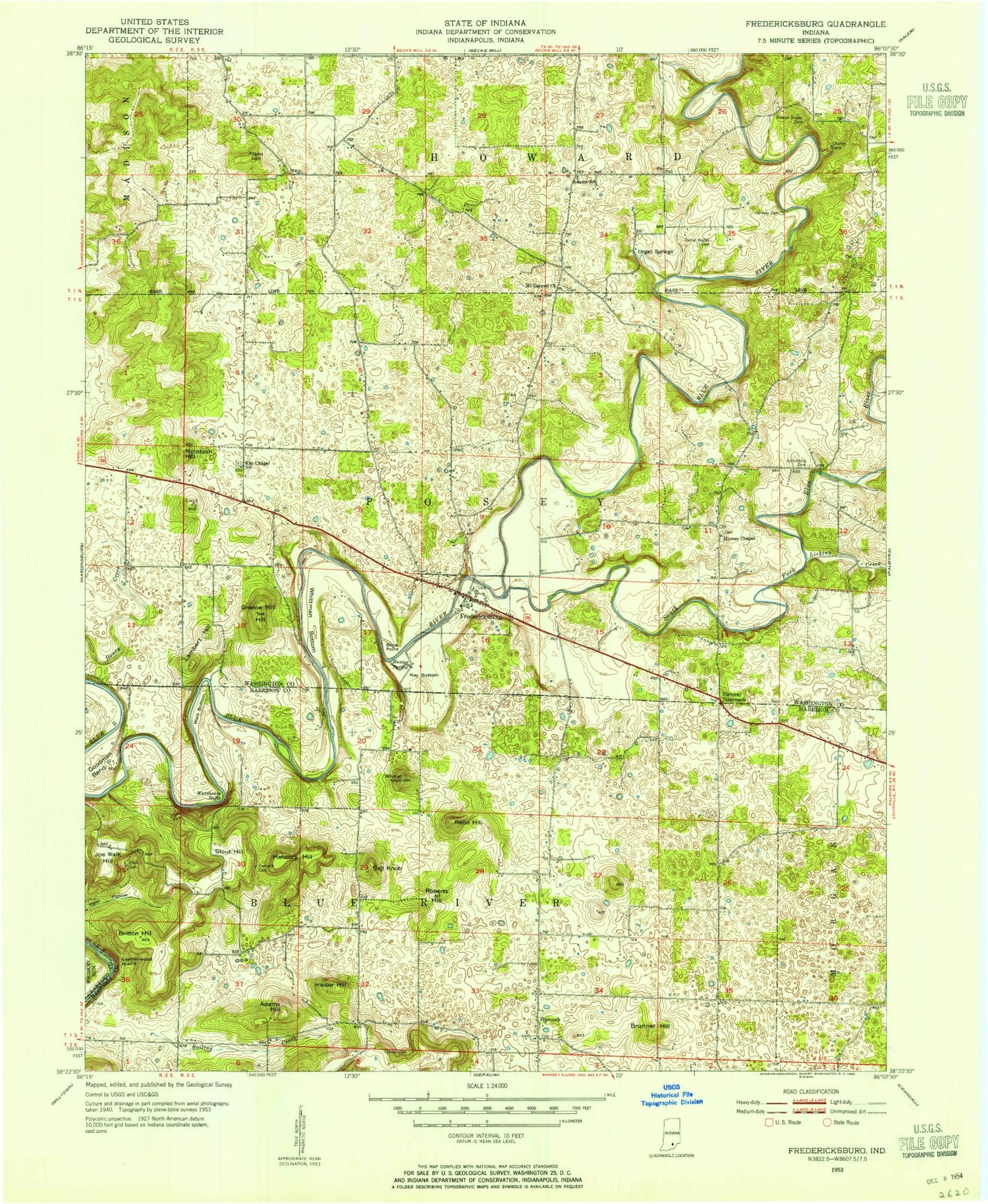 Classic USGS Fredericksburg Indiana 7.5'x7.5' Topo Map Image