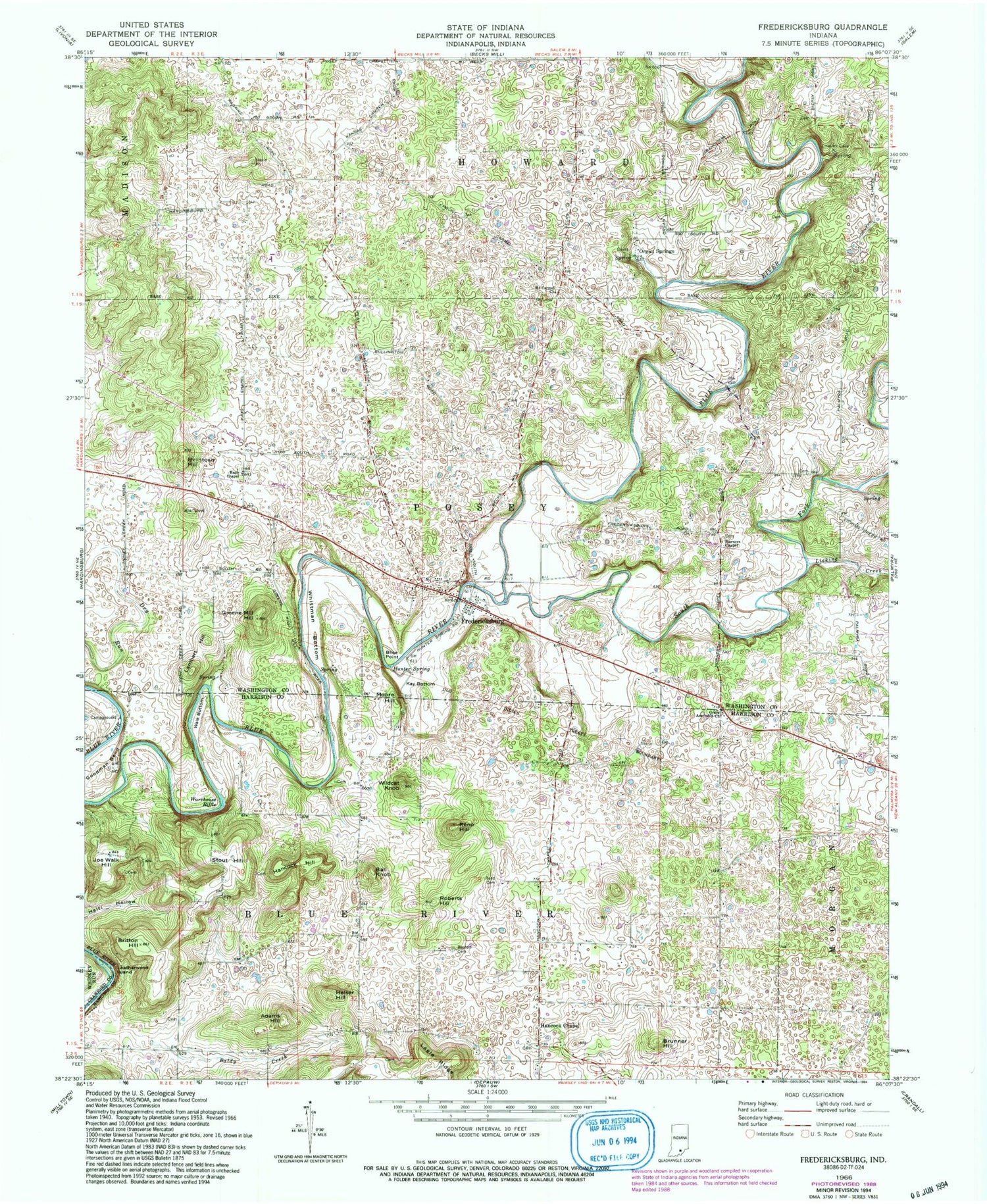 Classic USGS Fredericksburg Indiana 7.5'x7.5' Topo Map Image