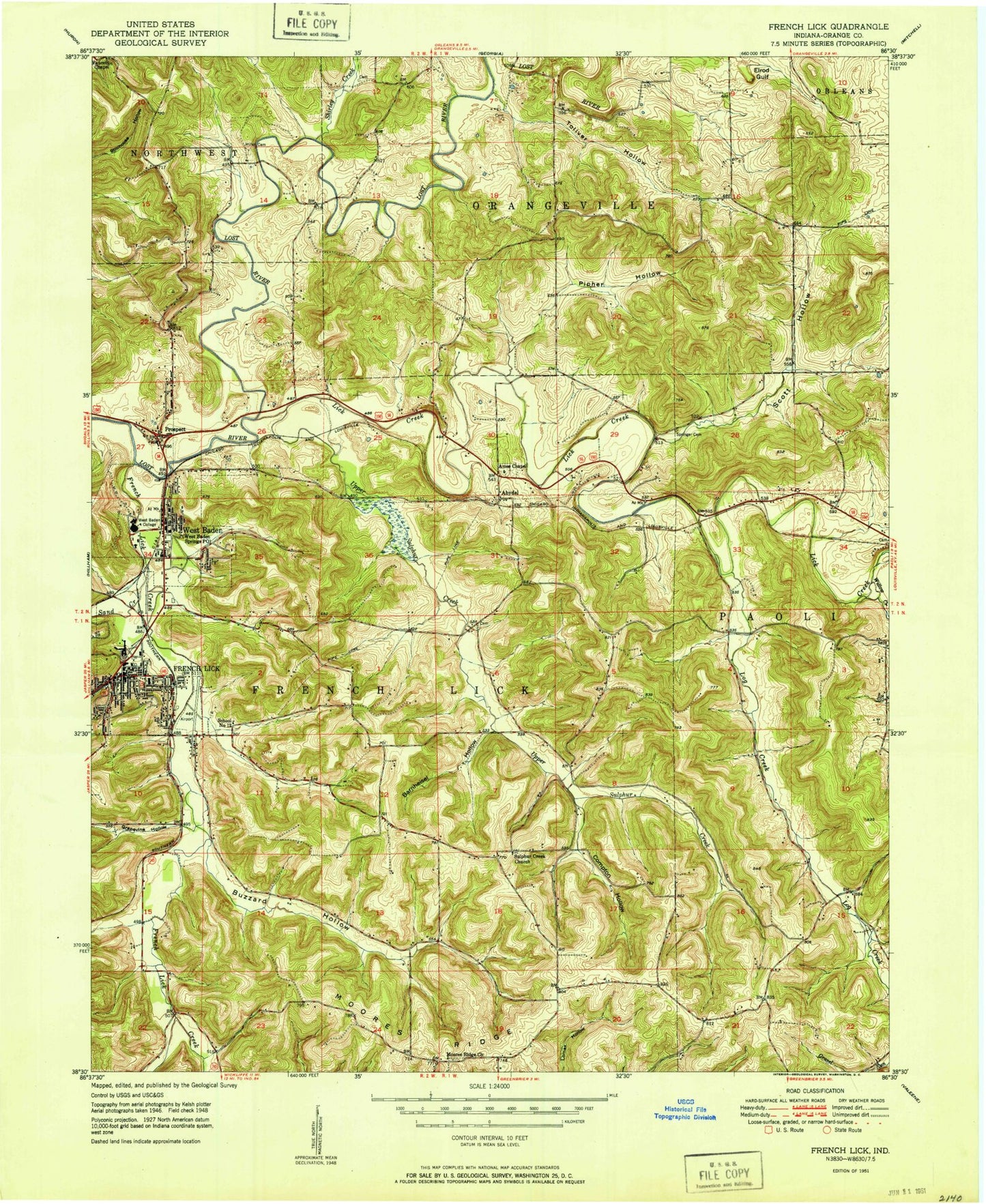 Classic USGS French Lick Indiana 7.5'x7.5' Topo Map Image