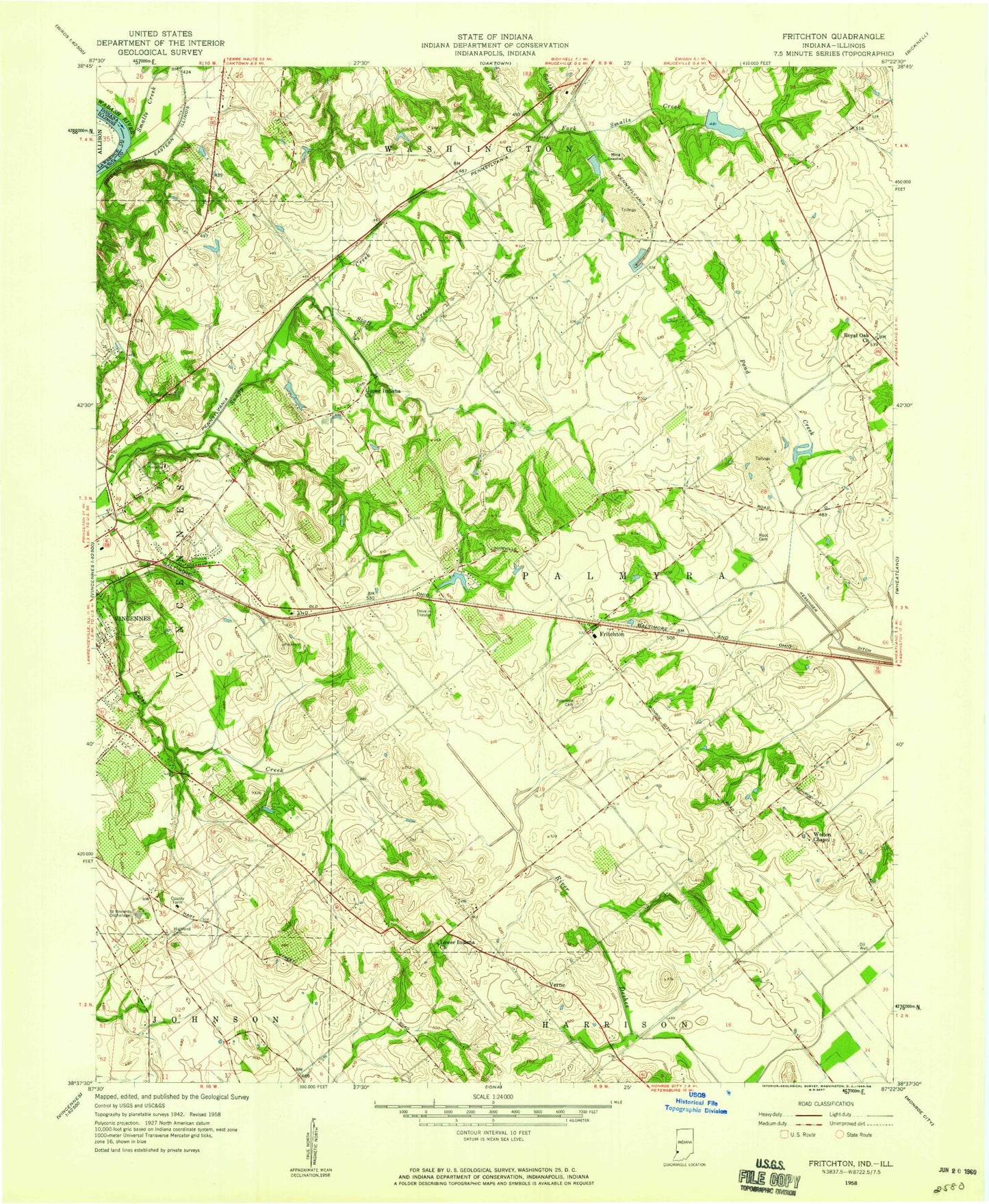 Classic USGS Fritchton Indiana 7.5'x7.5' Topo Map Image