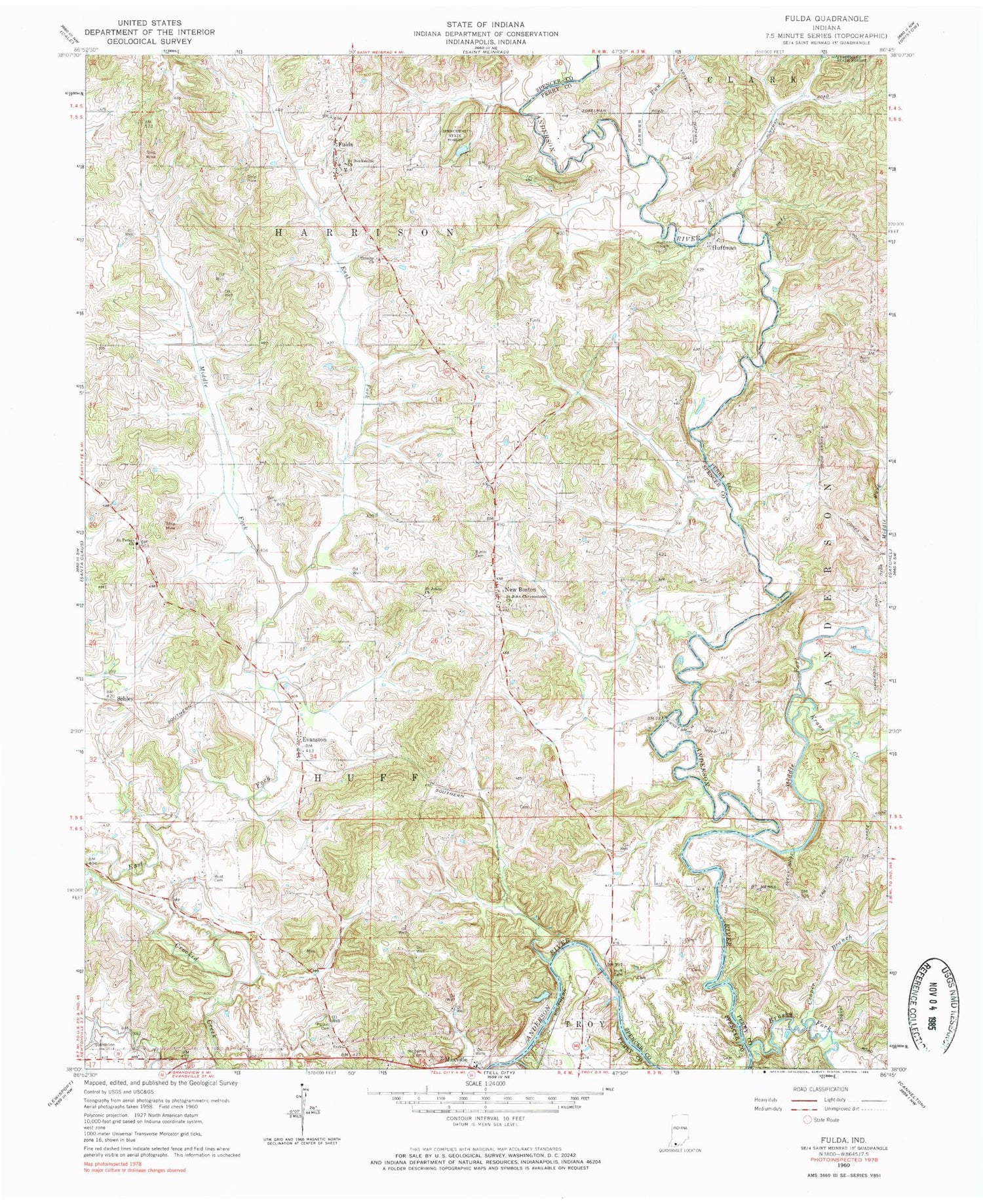Classic USGS Fulda Indiana 7.5'x7.5' Topo Map Image