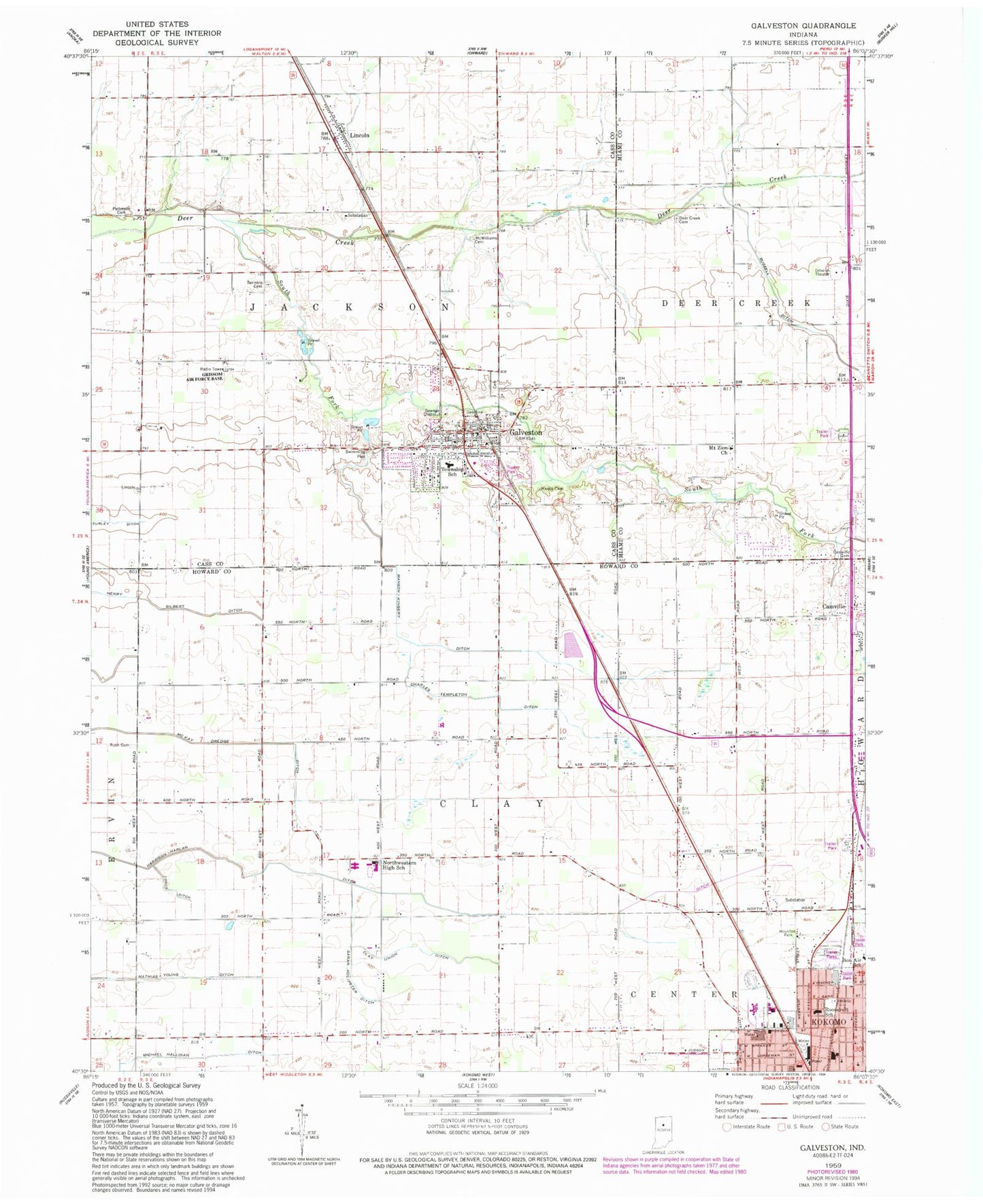 Classic USGS Galveston Indiana 7.5'x7.5' Topo Map Image