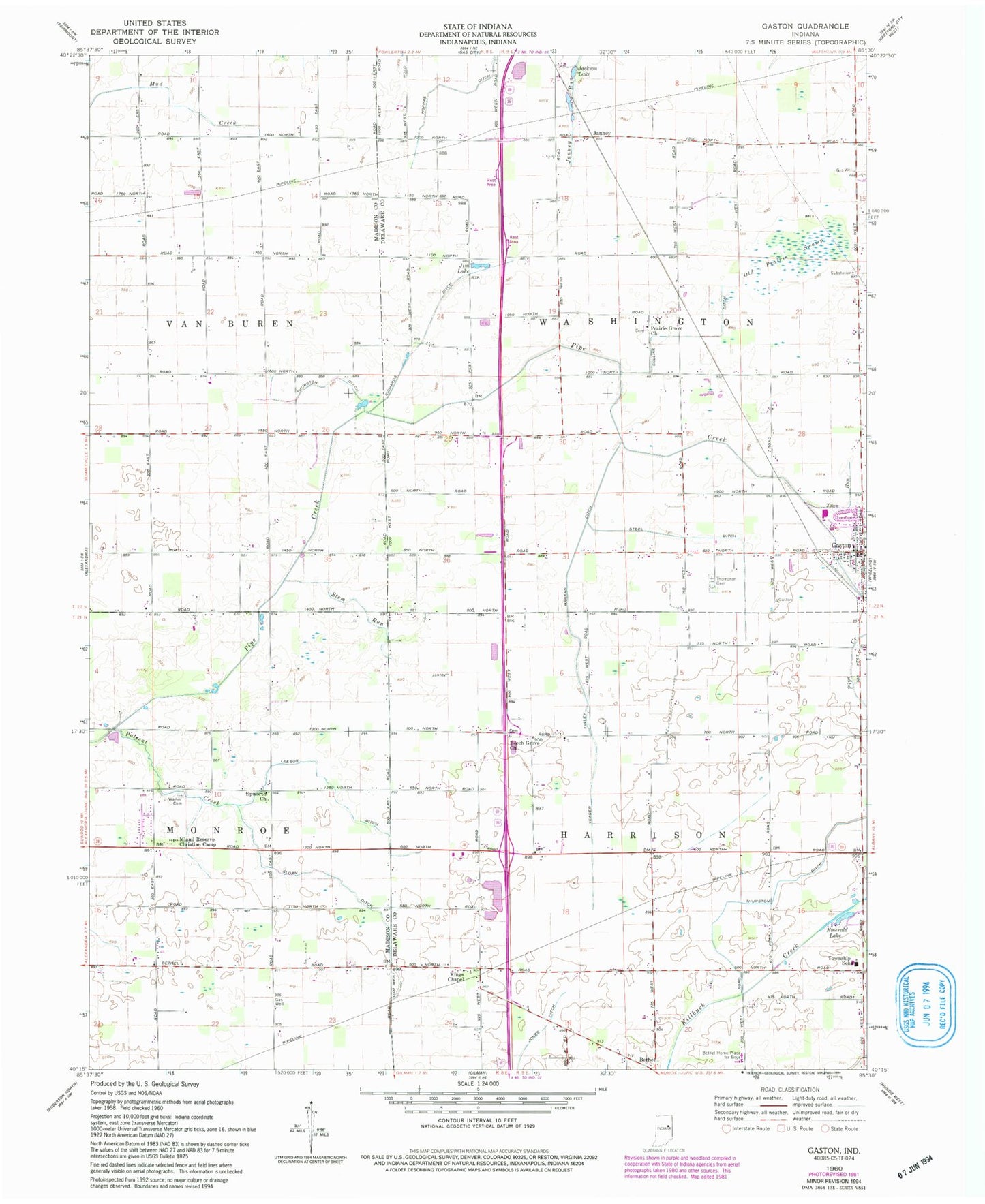 Classic USGS Gaston Indiana 7.5'x7.5' Topo Map Image