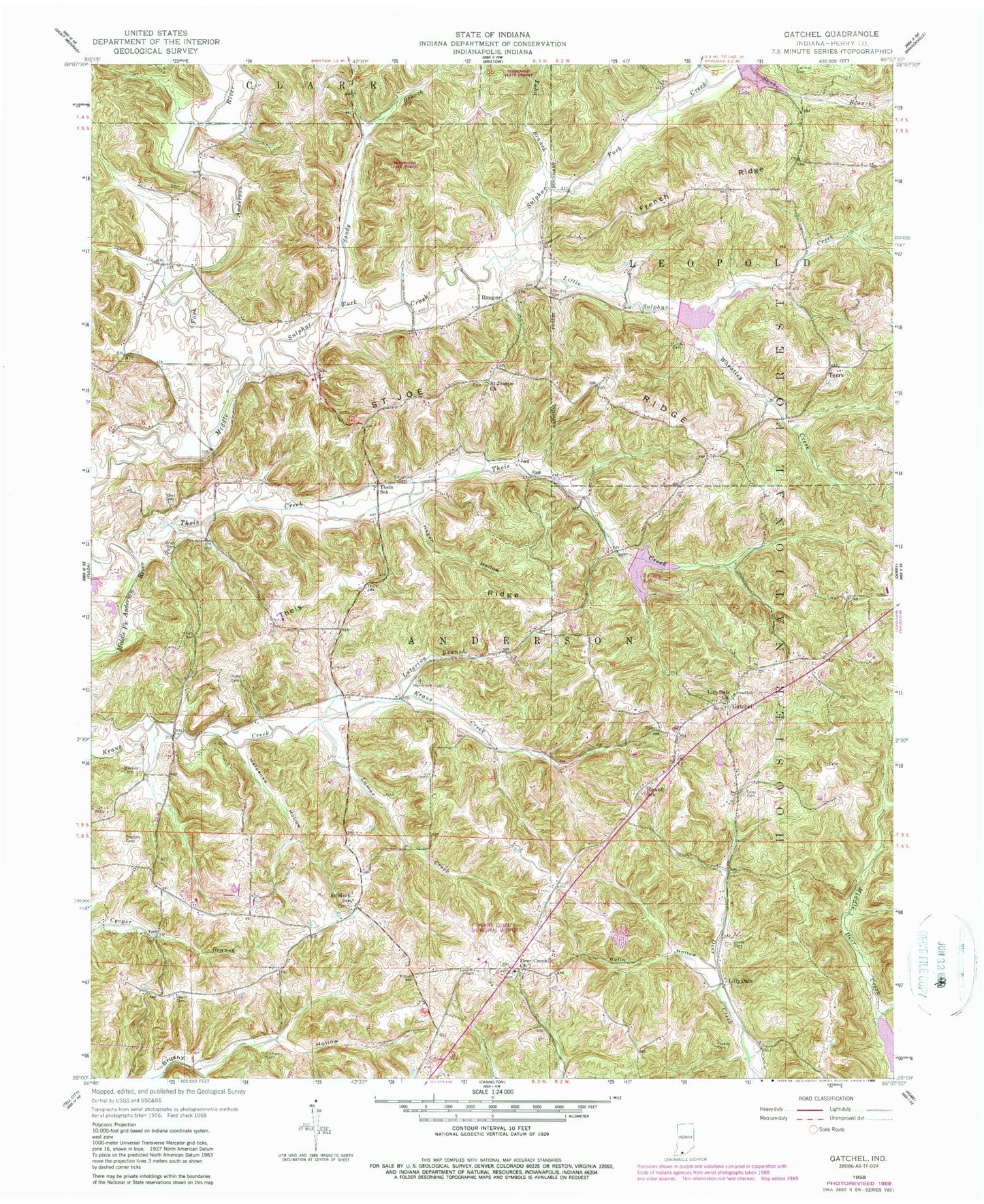 Classic USGS Gatchel Indiana 7.5'x7.5' Topo Map Image