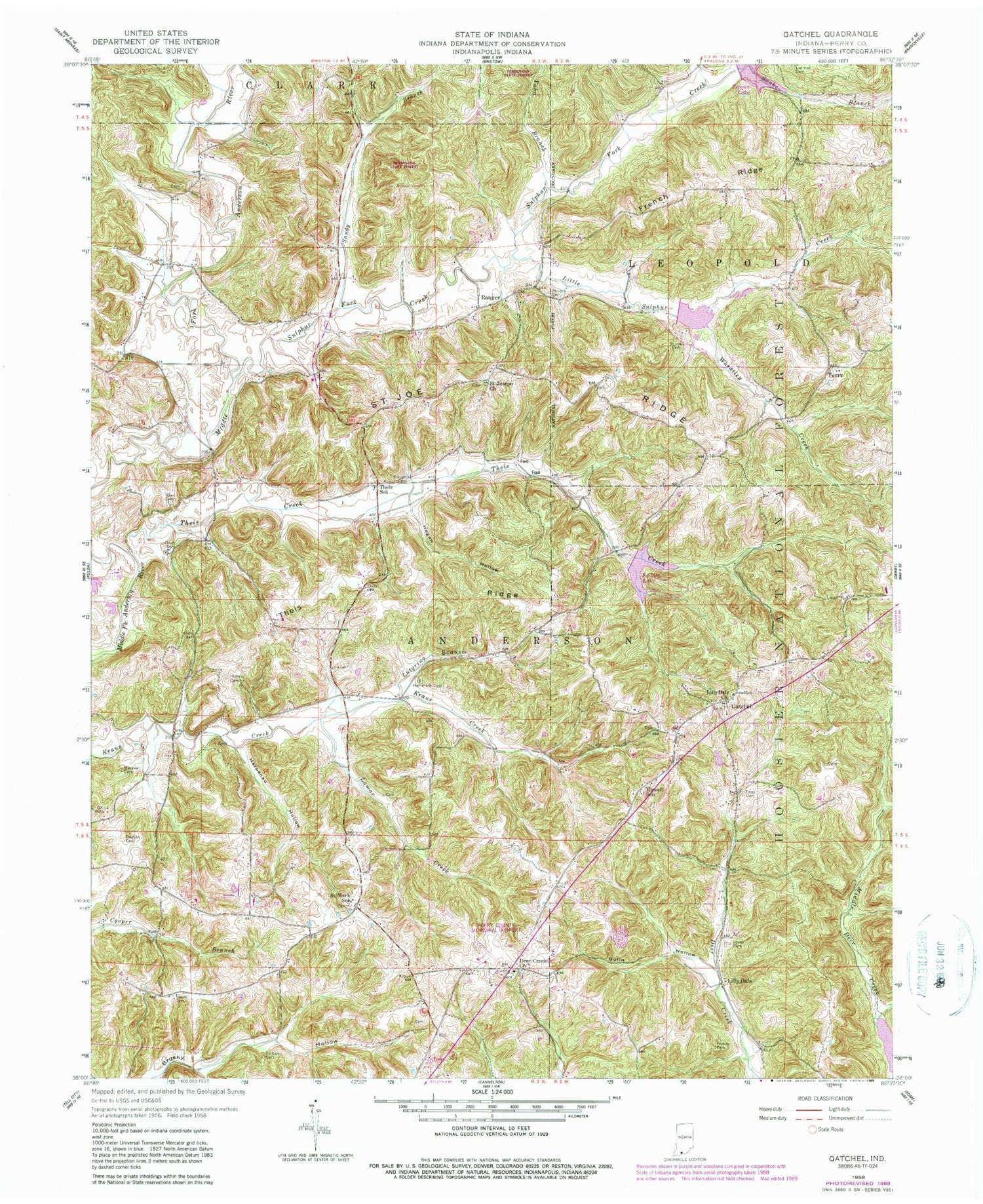 Classic USGS Gatchel Indiana 7.5'x7.5' Topo Map Image