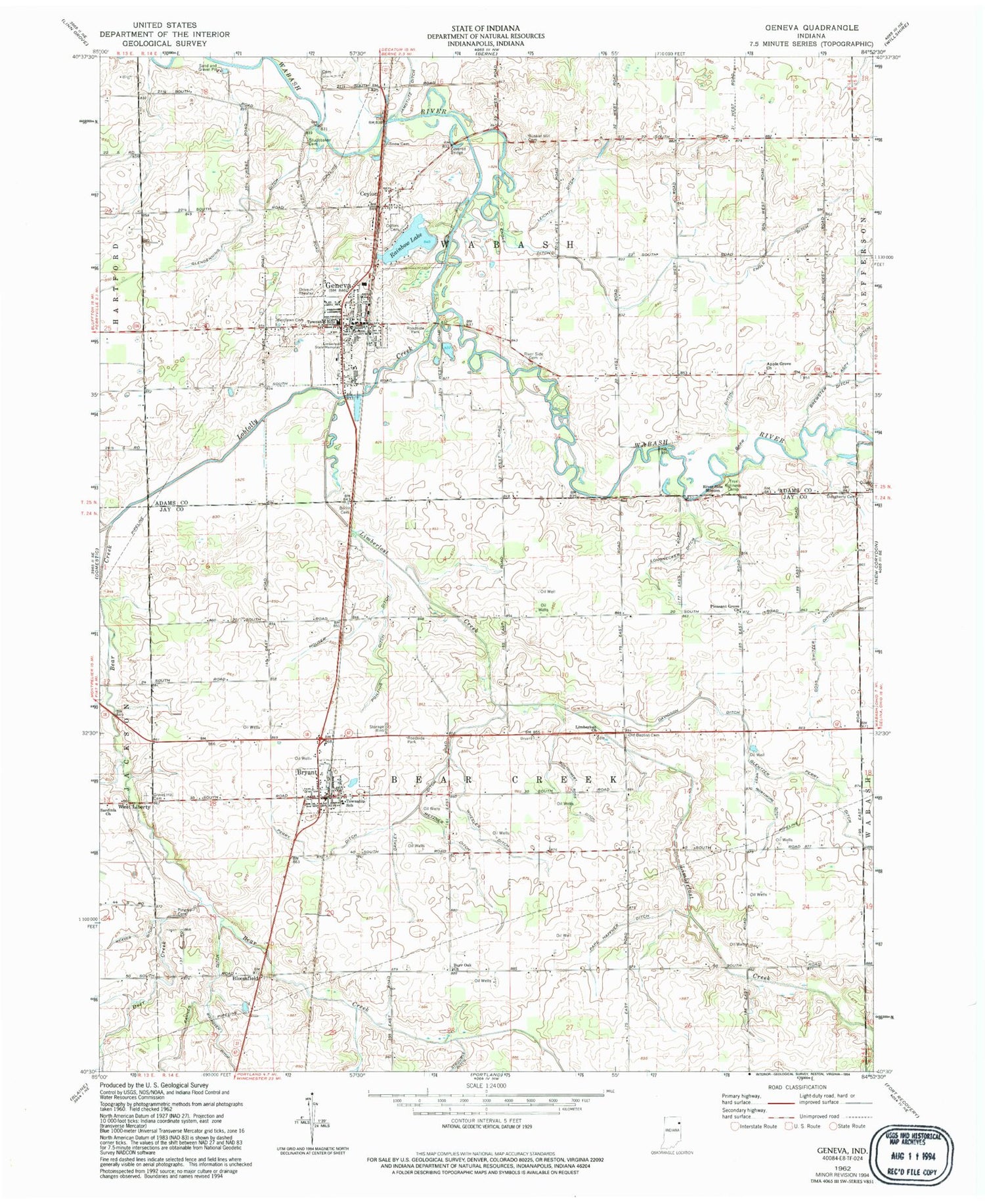 Classic USGS Geneva Indiana 7.5'x7.5' Topo Map Image