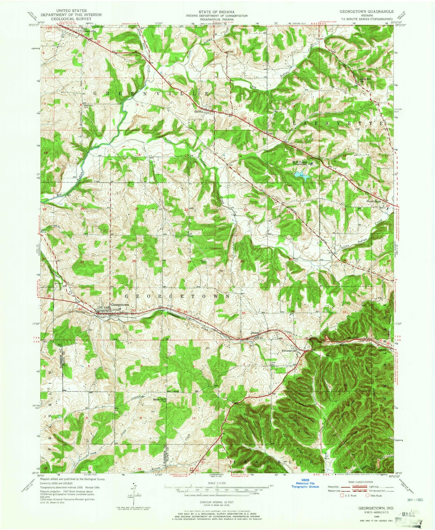 Classic USGS Georgetown Indiana 7.5'x7.5' Topo Map Image