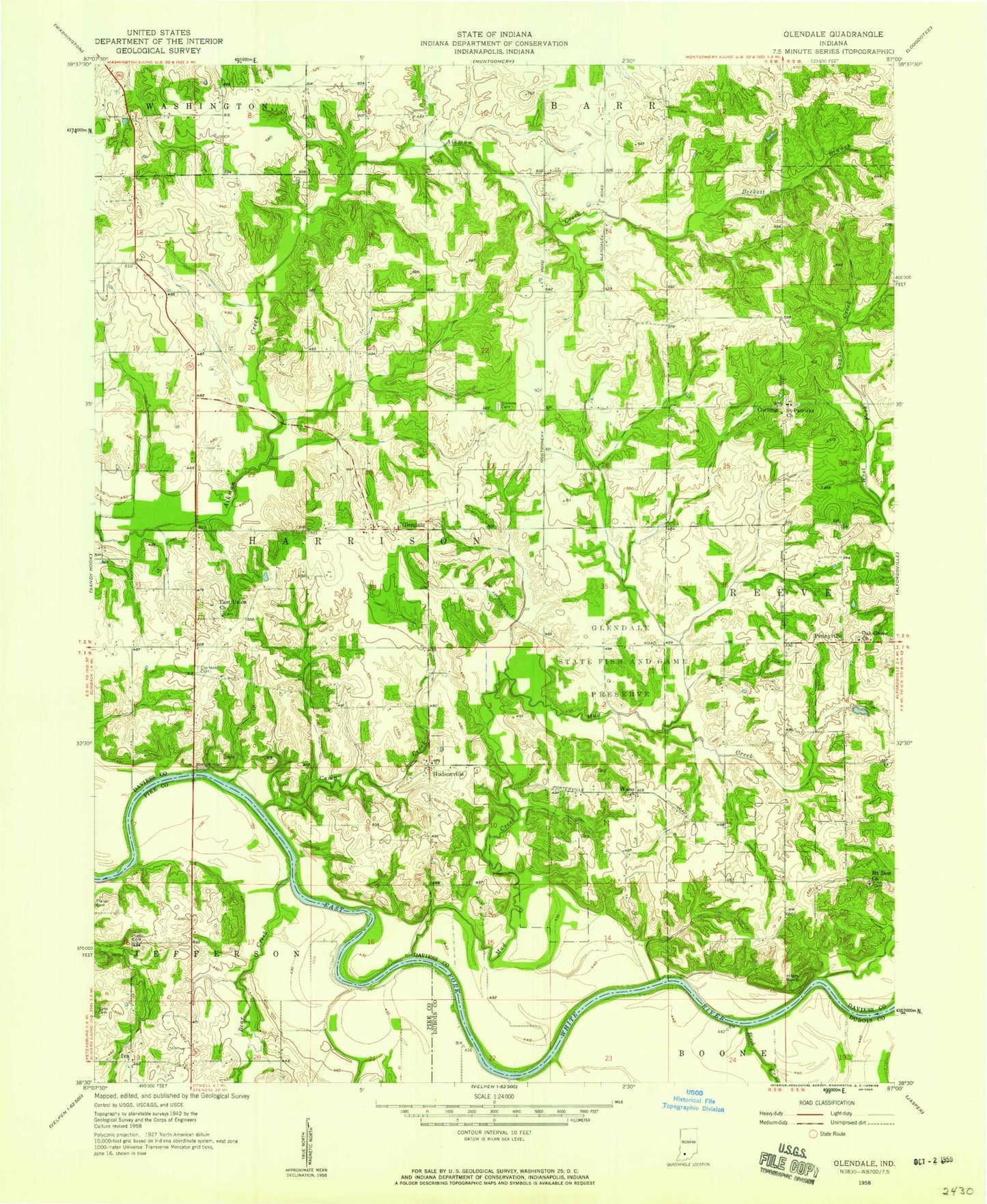 Classic USGS Glendale Indiana 7.5'x7.5' Topo Map Image