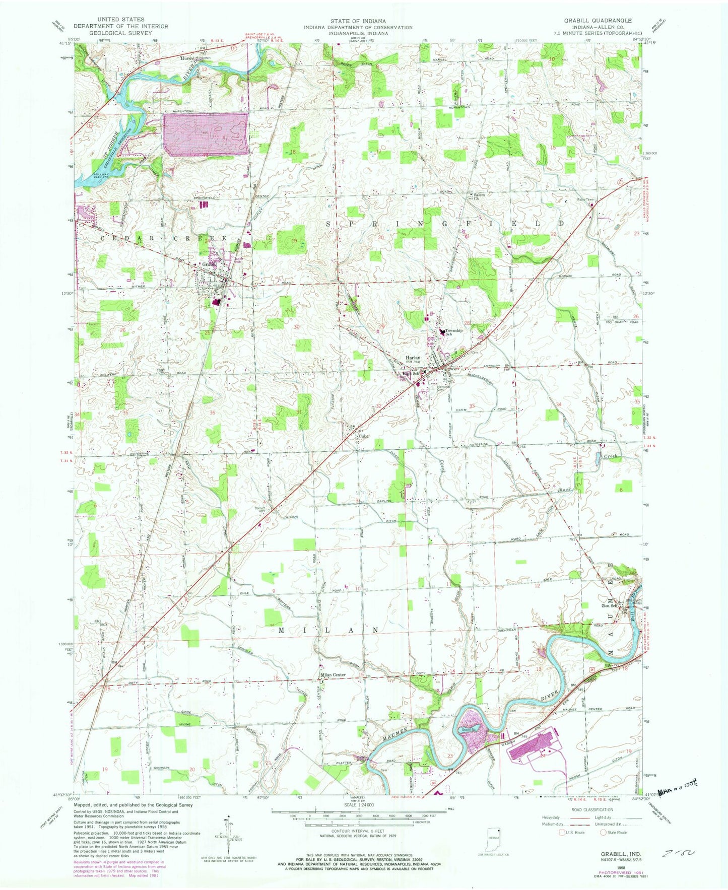 Classic USGS Grabill Indiana 7.5'x7.5' Topo Map Image