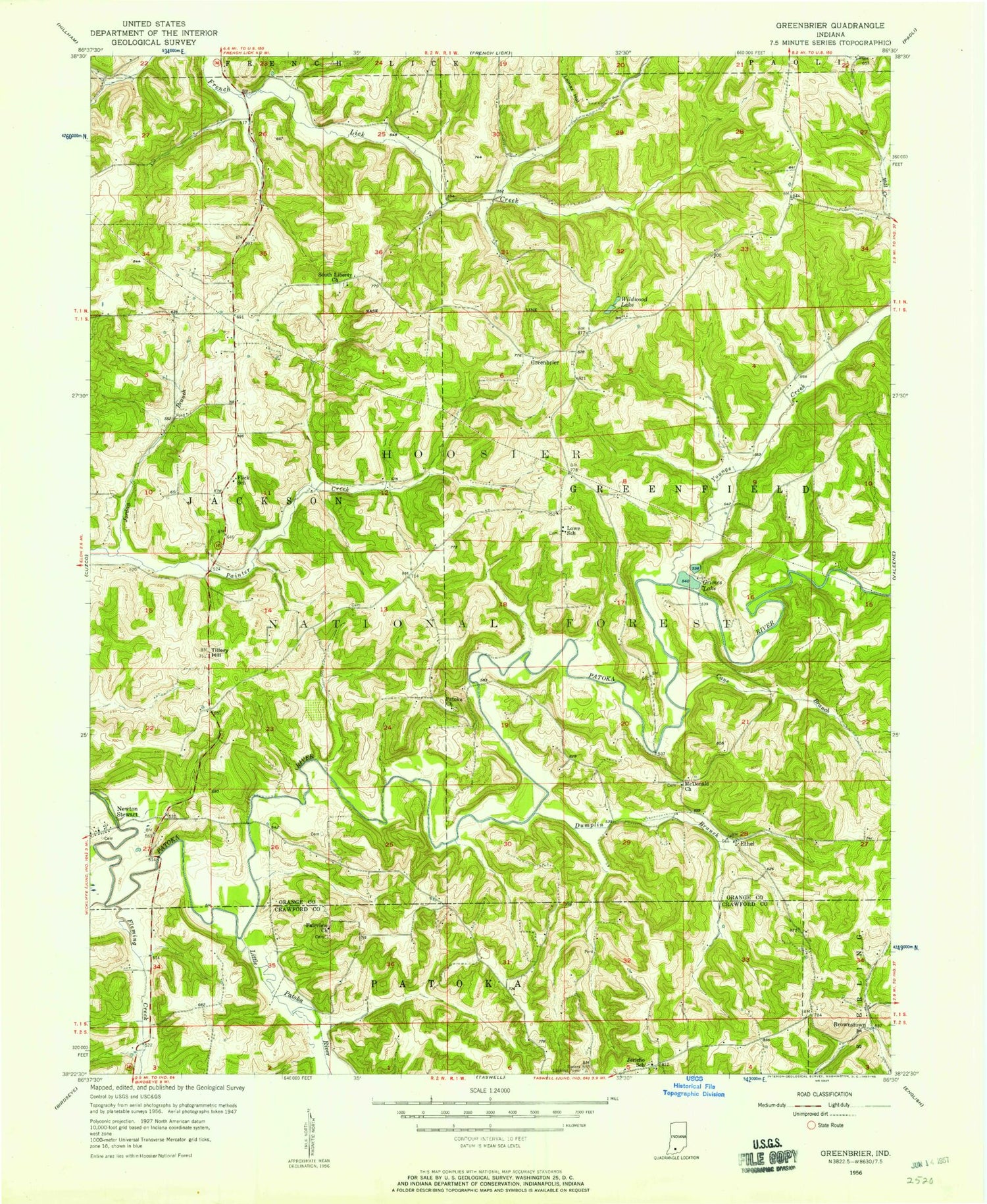 Classic USGS Greenbrier Indiana 7.5'x7.5' Topo Map Image