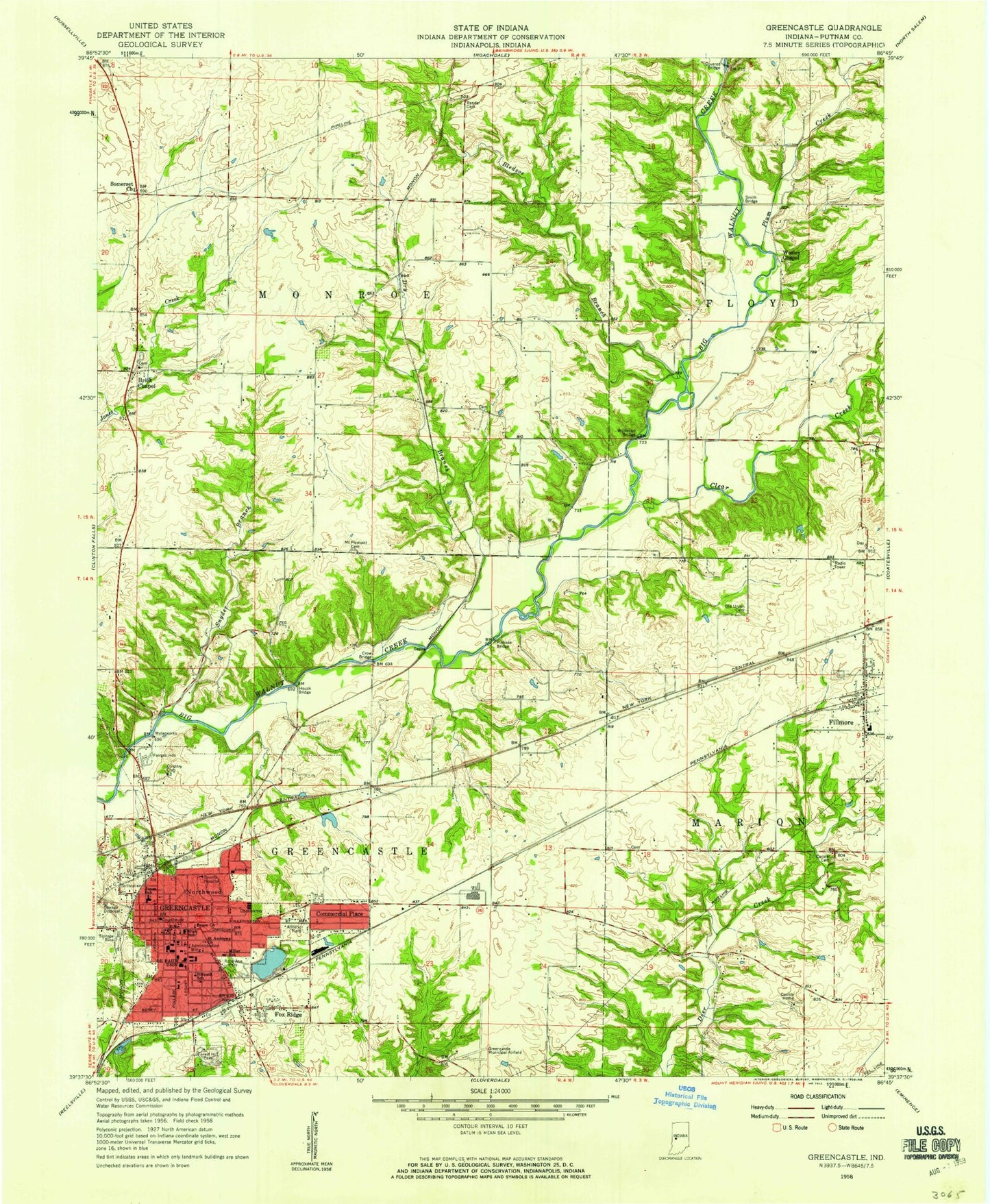 Classic USGS Greencastle Indiana 7.5'x7.5' Topo Map Image