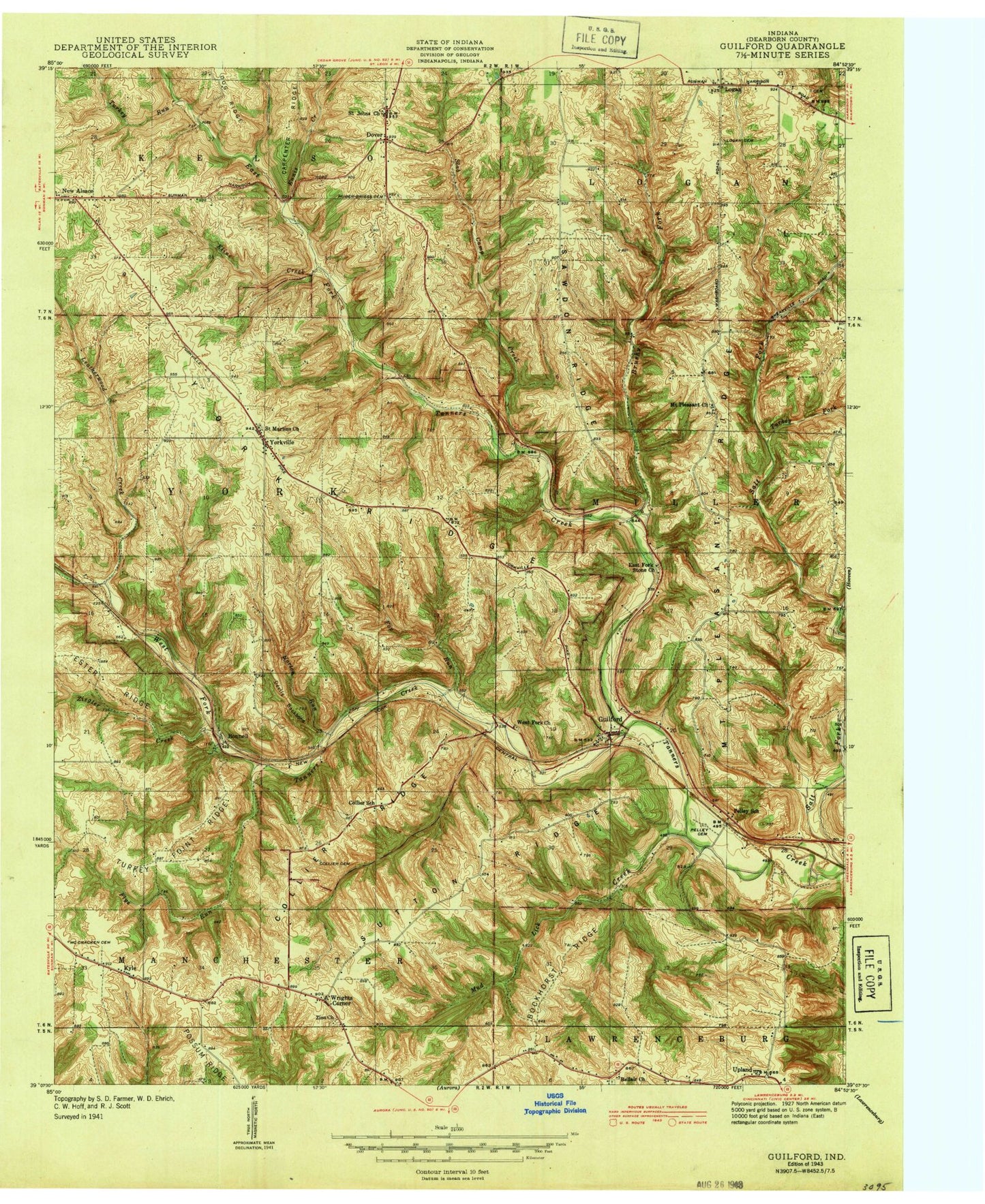 Classic USGS Guilford Indiana 7.5'x7.5' Topo Map Image