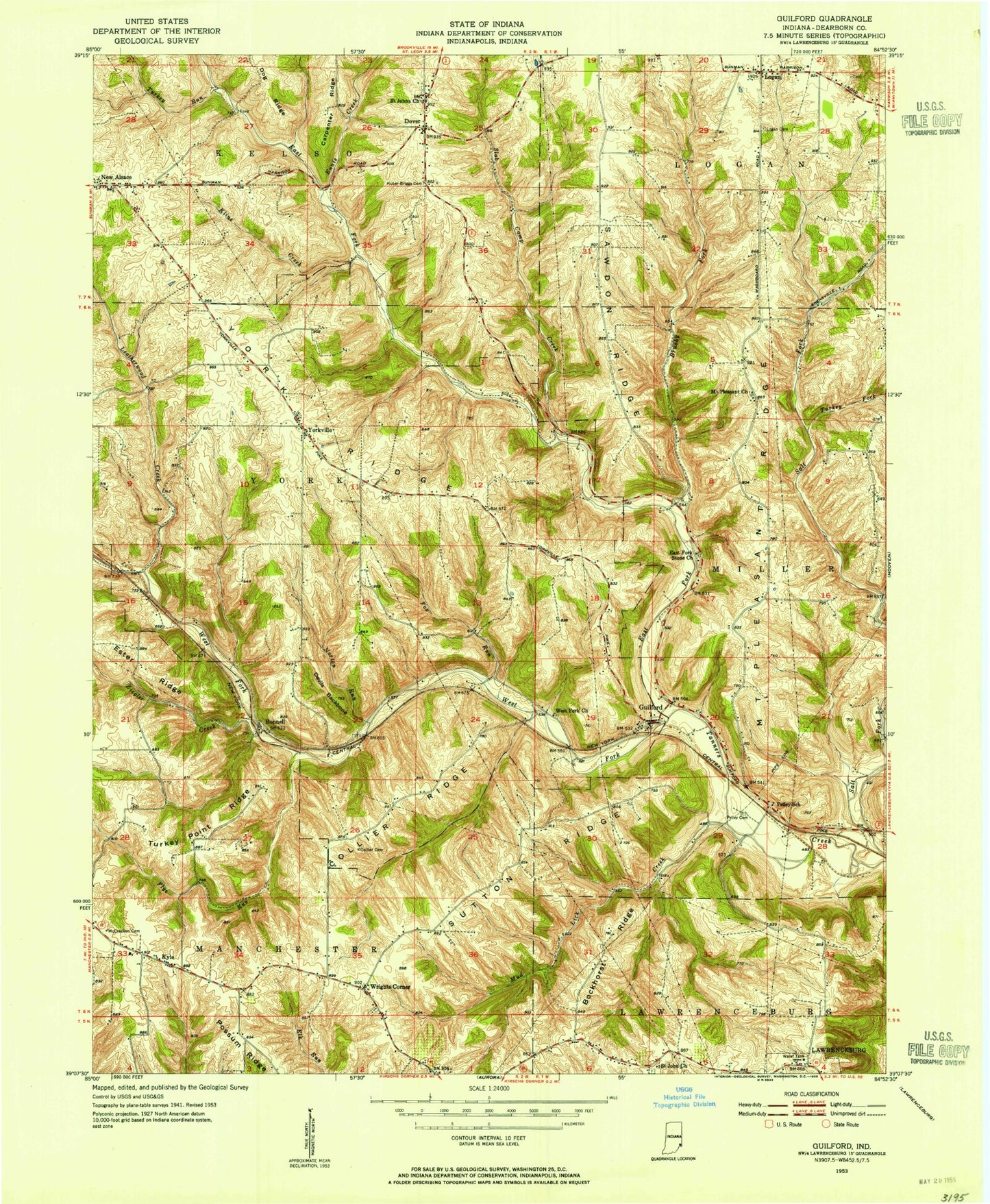 Classic USGS Guilford Indiana 7.5'x7.5' Topo Map Image