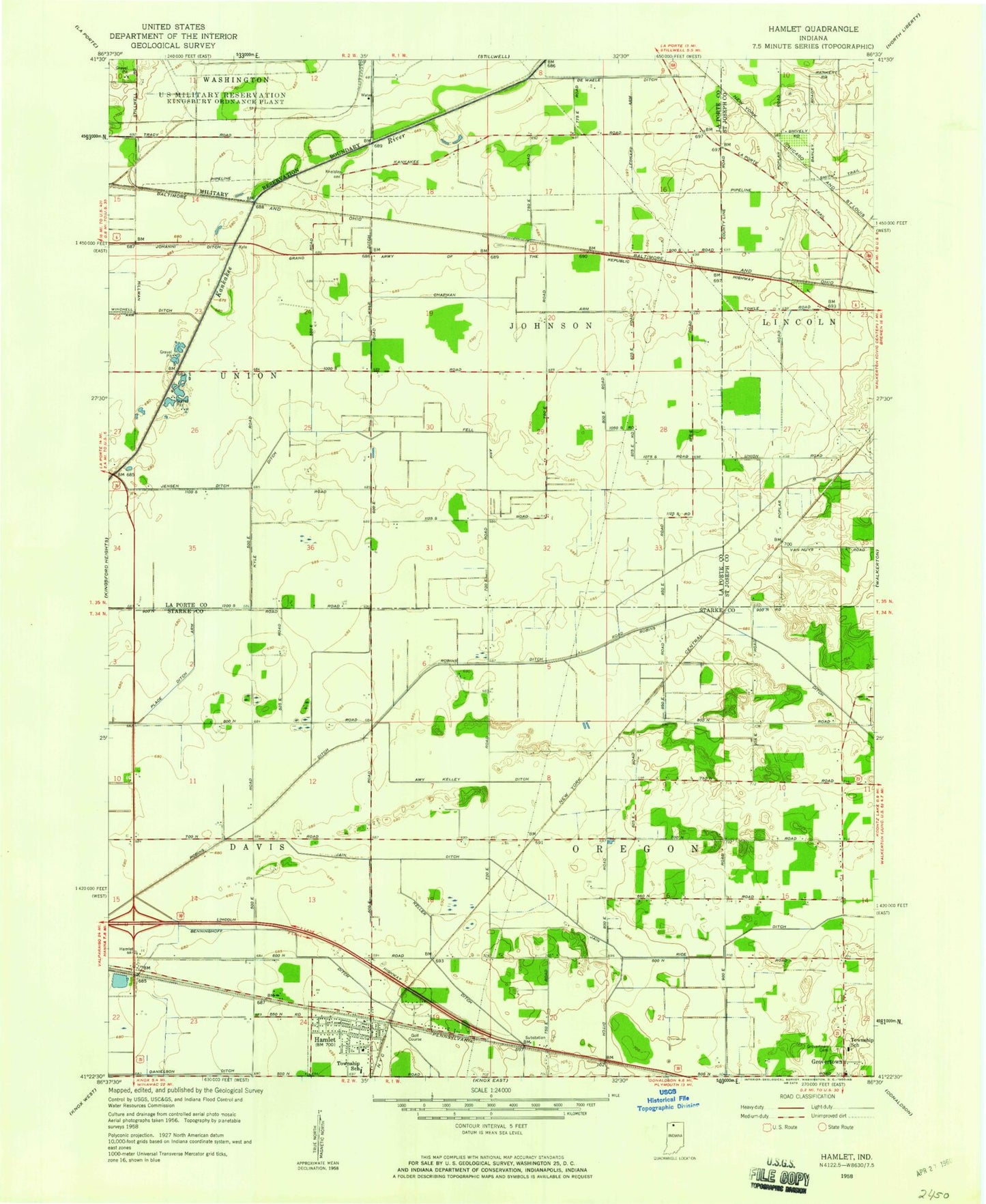 Classic USGS Hamlet Indiana 7.5'x7.5' Topo Map Image
