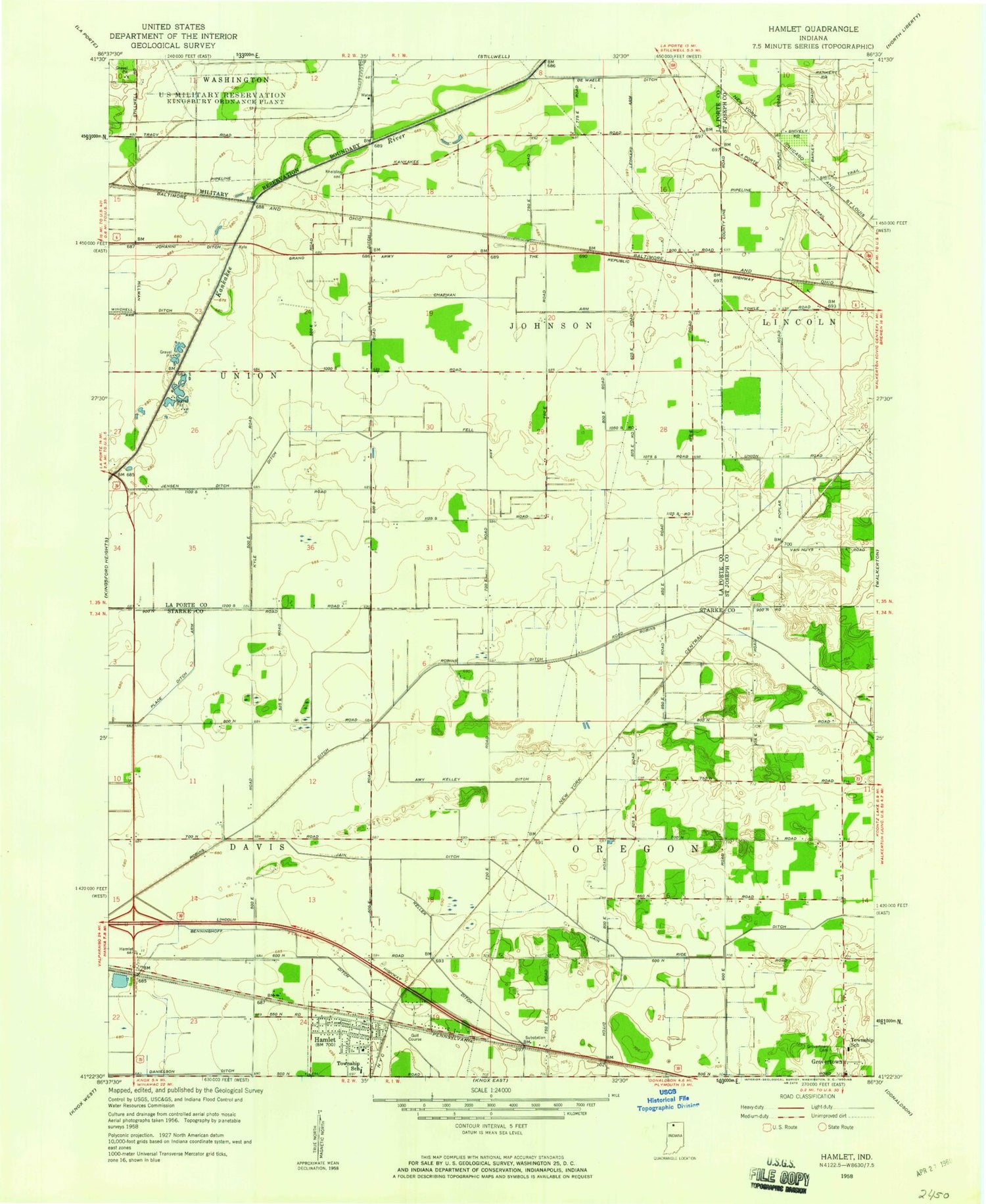 Classic USGS Hamlet Indiana 7.5'x7.5' Topo Map Image