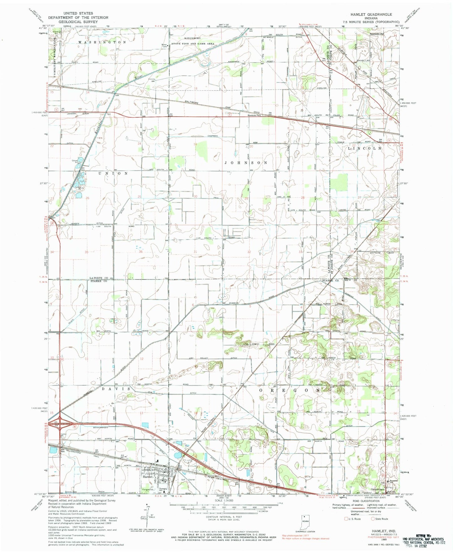 Classic USGS Hamlet Indiana 7.5'x7.5' Topo Map Image