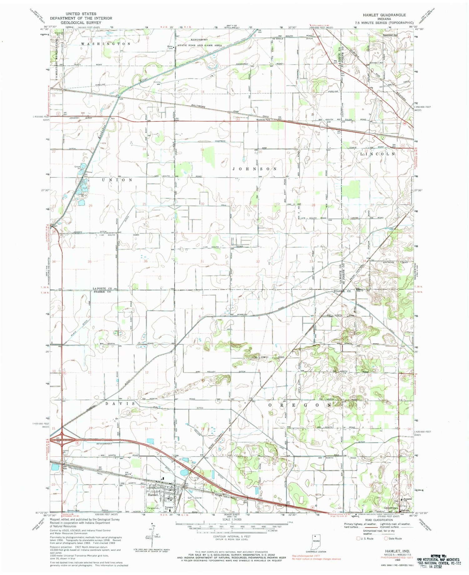 Classic USGS Hamlet Indiana 7.5'x7.5' Topo Map Image