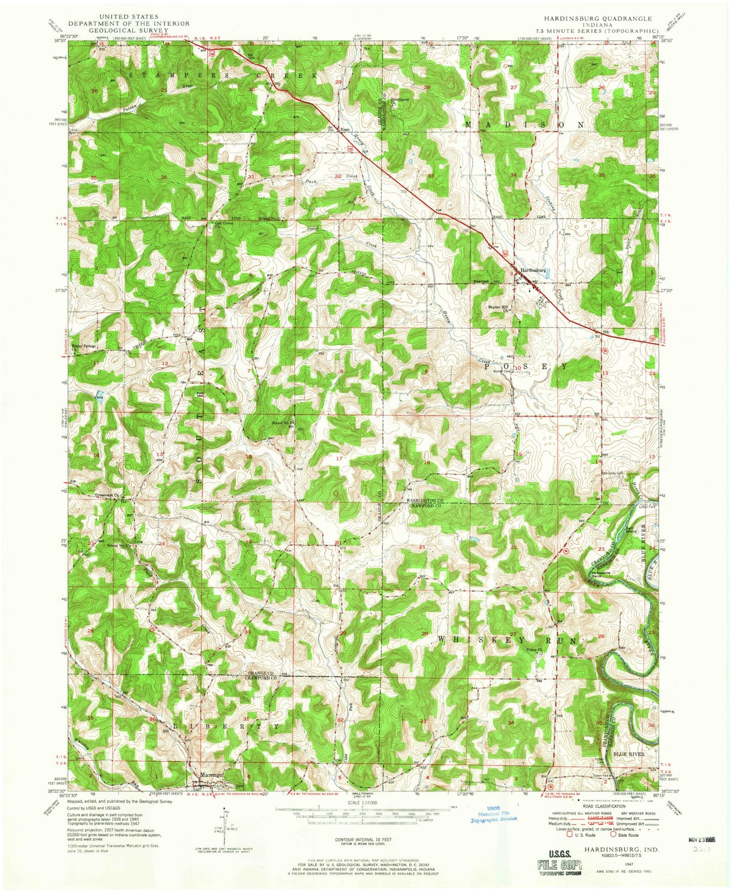 Classic USGS Hardinsburg Indiana 7.5'x7.5' Topo Map Image