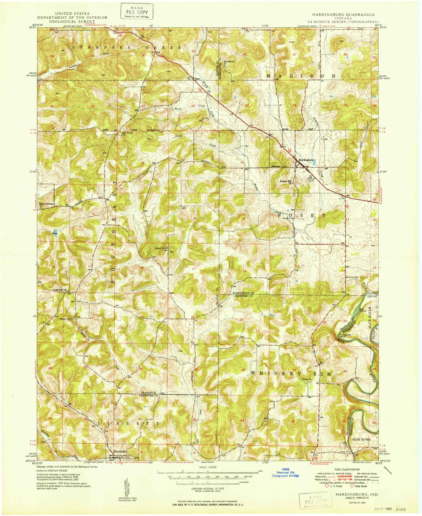 Classic USGS Hardinsburg Indiana 7.5'x7.5' Topo Map Image