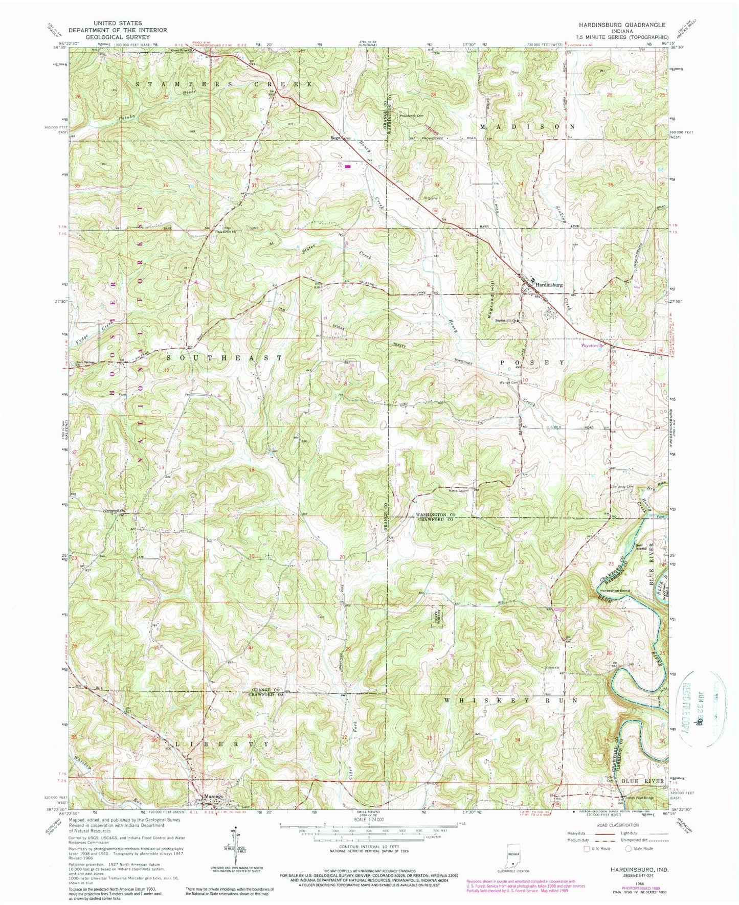 Classic USGS Hardinsburg Indiana 7.5'x7.5' Topo Map Image