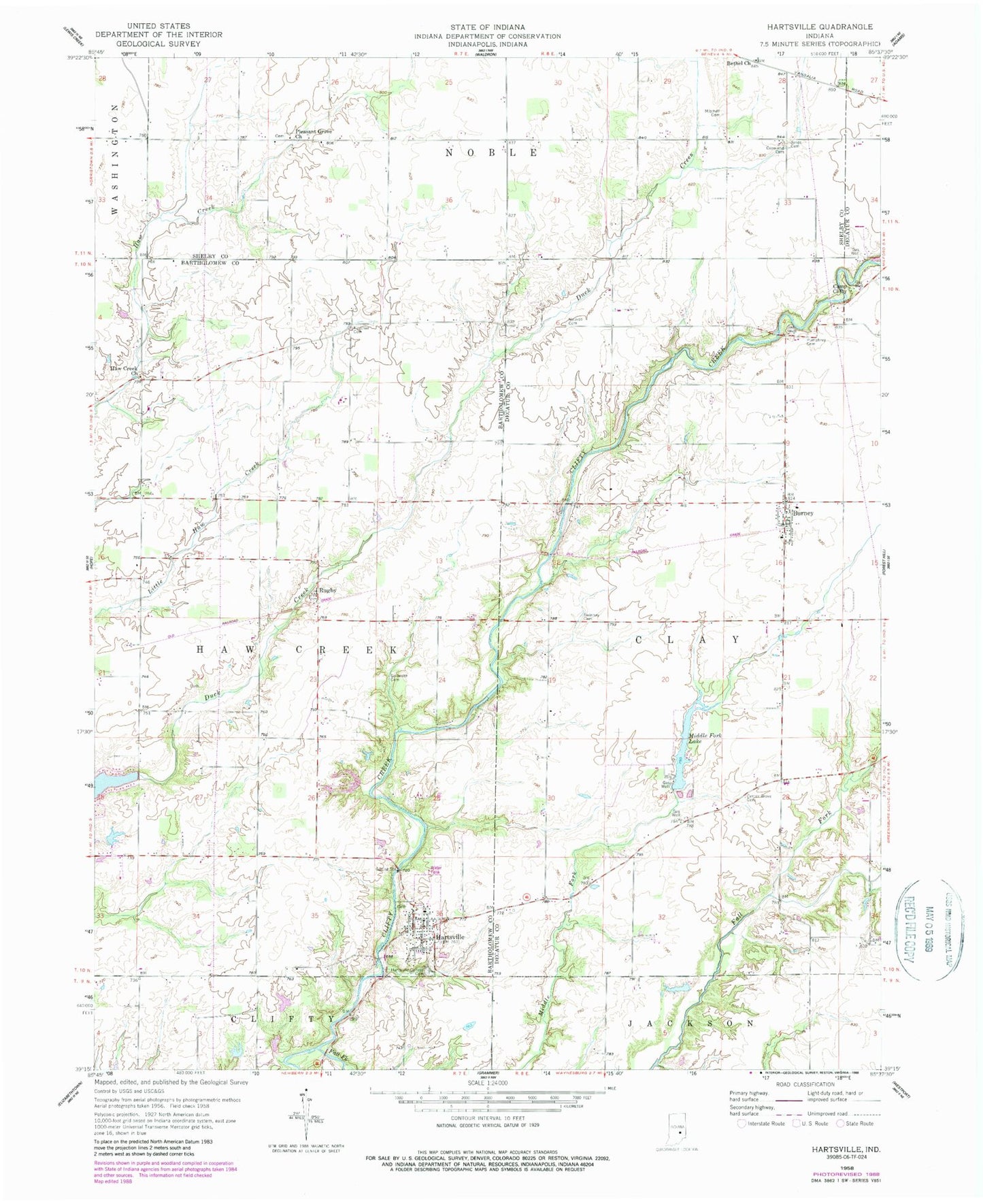 Classic USGS Hartsville Indiana 7.5'x7.5' Topo Map Image