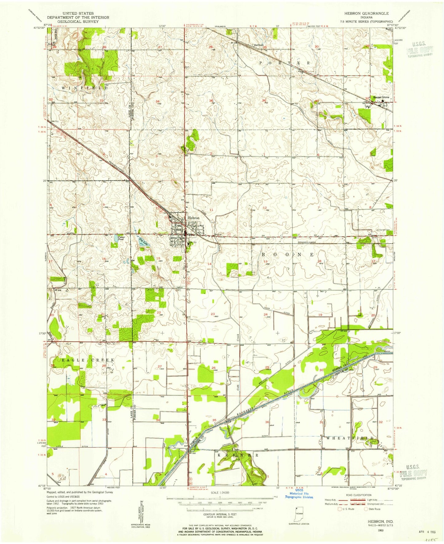 Classic USGS Hebron Indiana 7.5'x7.5' Topo Map Image