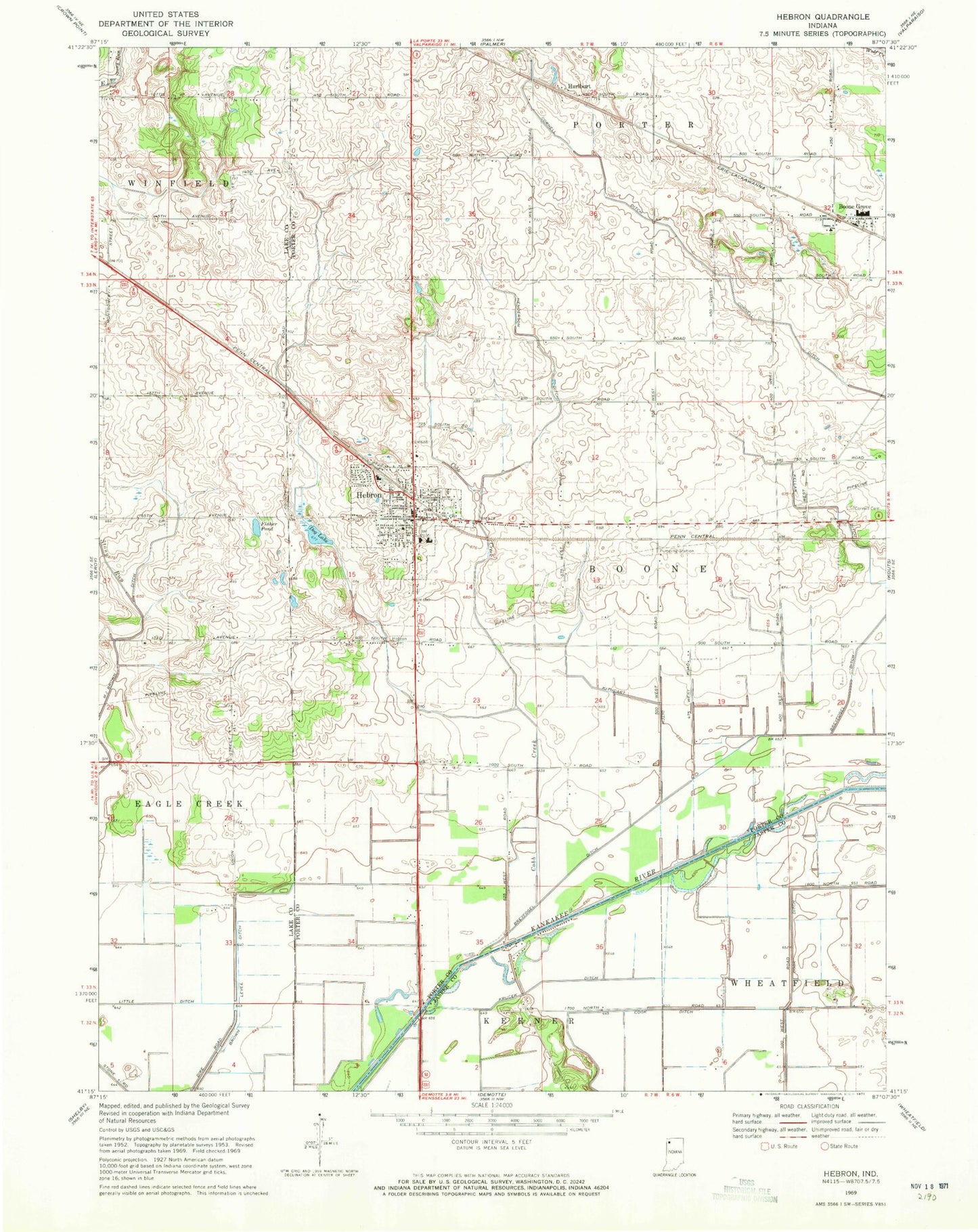 Classic USGS Hebron Indiana 7.5'x7.5' Topo Map Image