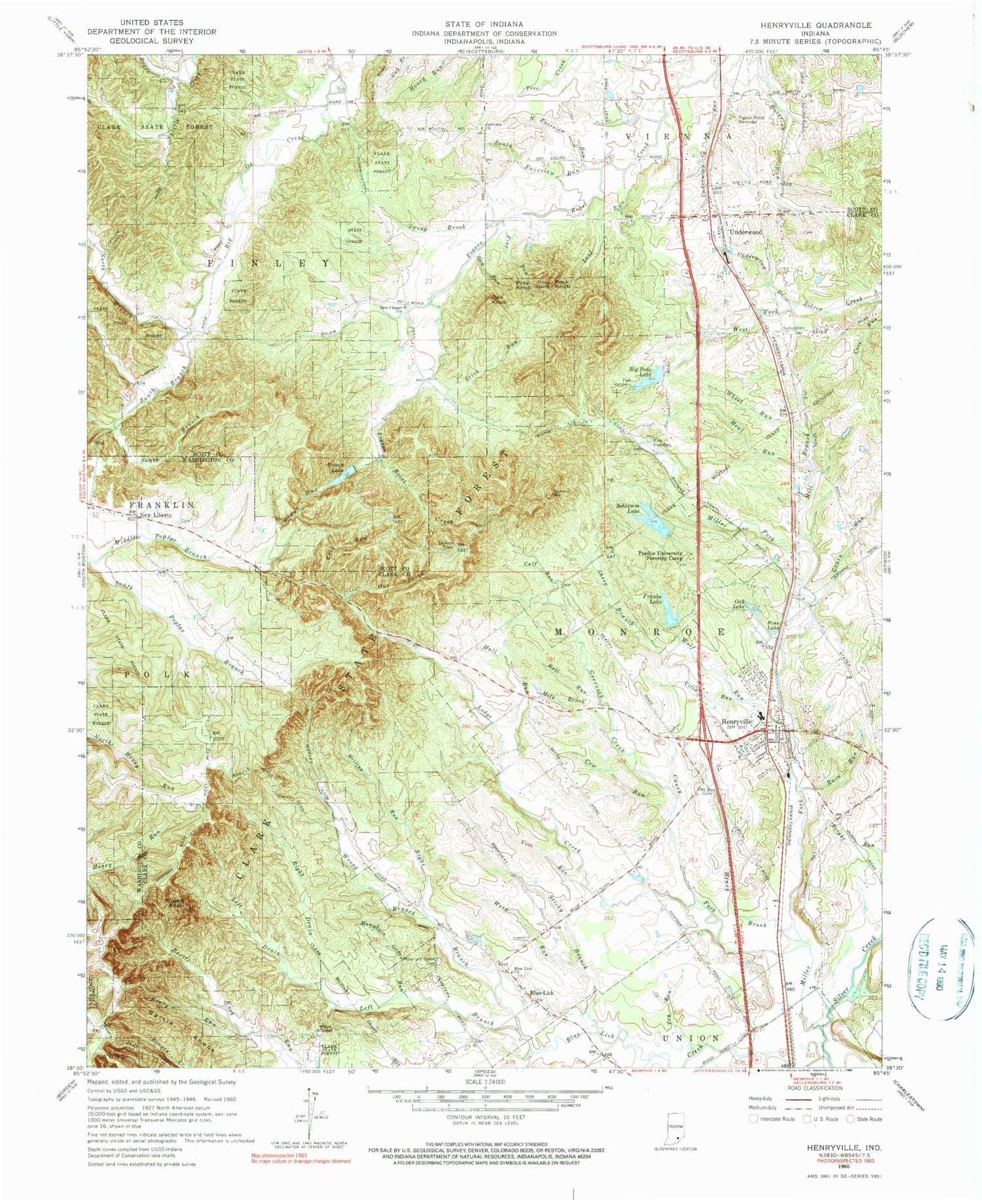 Classic USGS Henryville Indiana 7.5'x7.5' Topo Map Image
